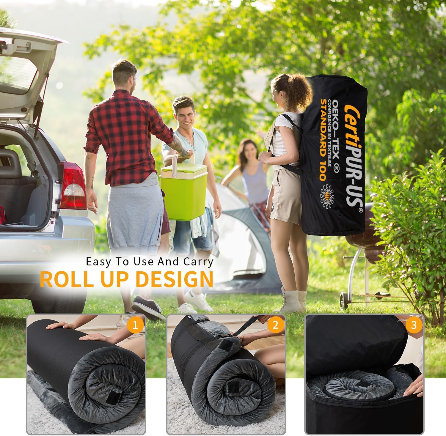 Memory Foam Camping Mattress With Waterproof Velvet Cover,Travel Car Camping,Portable Roll Up Mats,Twin/Single/Cot Size | Indoor Floor Mats, Guest Bed Pads with Carry Bag Removable Cover - Image 4