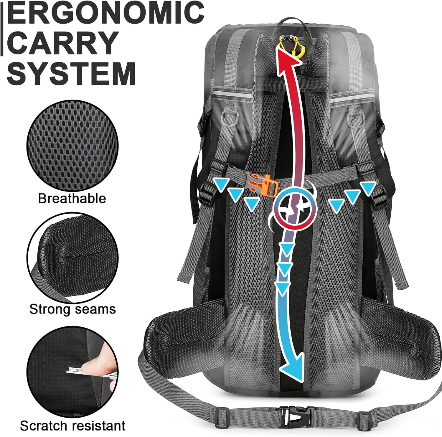 jianyana Hiking Backpack Waterproof 50L Foldable Rucksack Durable Lightweight Camping Bag with Rain Cover for Camping Trekking Hiking Walking Cycling Climbing Outdoor Sports for Women Men - Image 6