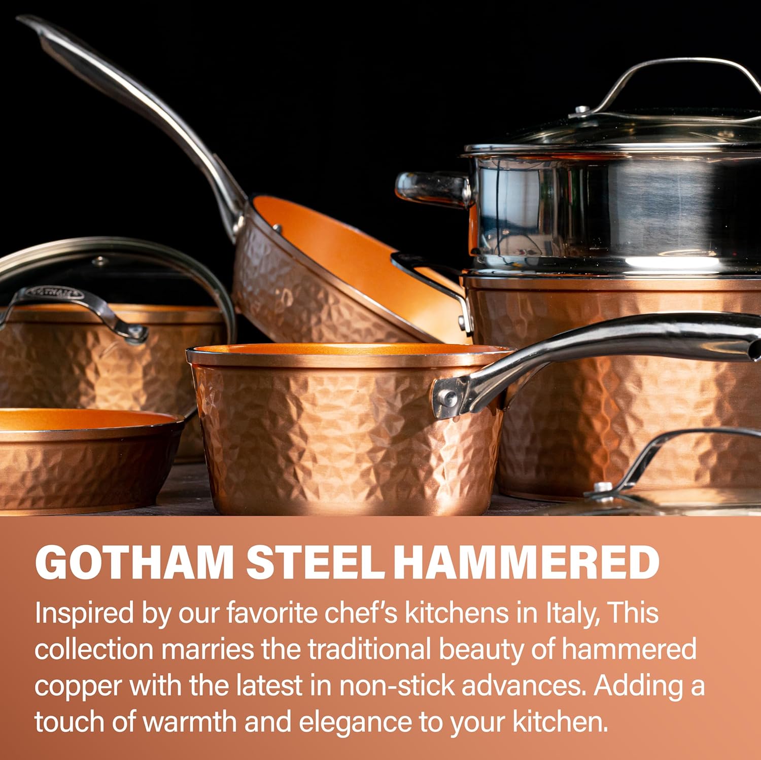 Gotham Steel Hammered 15 Pc Ceramic Cookware Set Nonstick, Deep Copper Pots and Pans Set Non Stick with Induction Cookware, Cooking Utensils & Steamer, Non Toxic PFOA PFOS Free, Oven & Dishwasher Safe - Image 2
