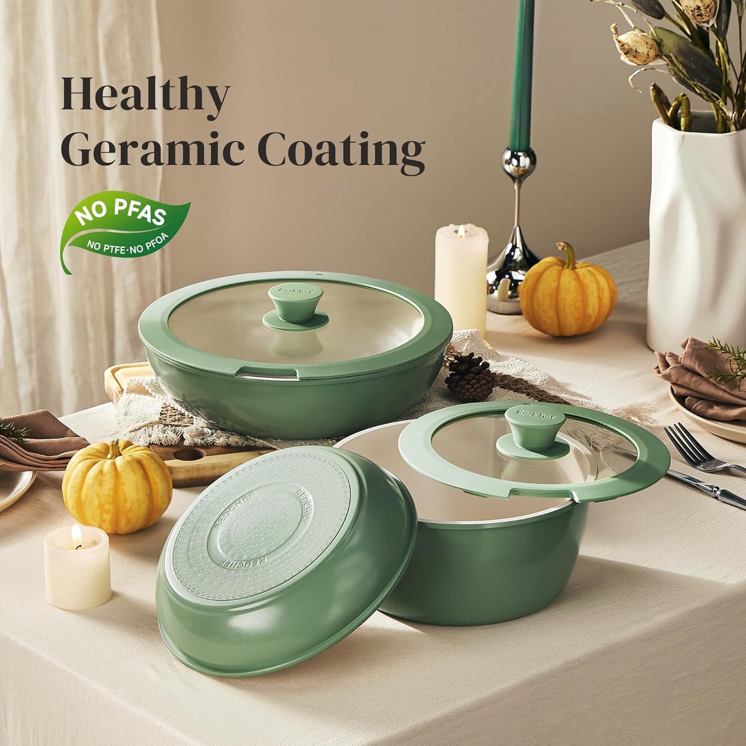 Redchef 16pcs Ceramic Pots and Pans Set Non Stick, Nonstick Cookware Set with Detachable Handle, PFAS PFOA & PTFE Free, RV Ceramic Cookware Set for Camping, Oven Safe (Green) - Image 5