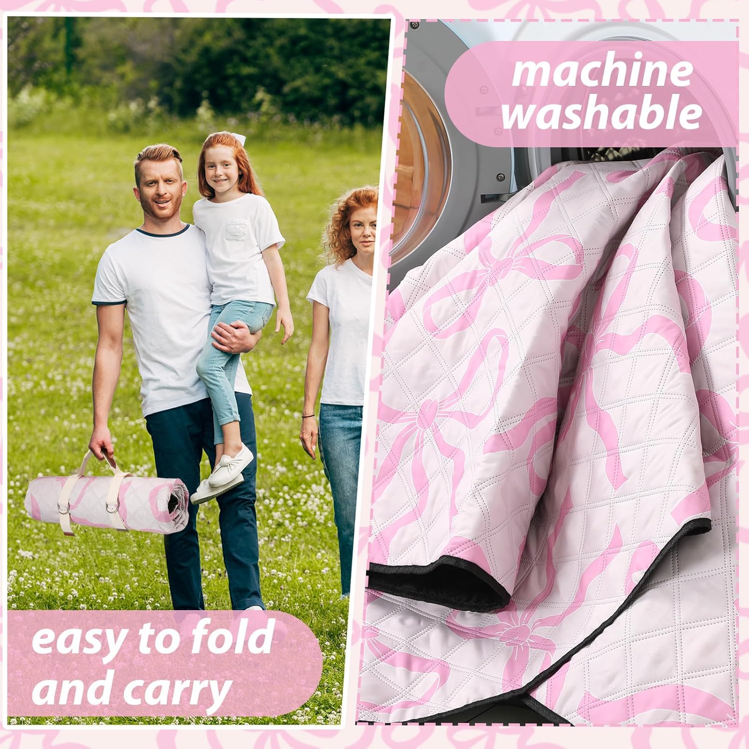 Pink Bow Picnic Blanket 80'' x 80'' Waterproof Extra Large Camping Blanket Coquette Picnic Mat Foldable Portable Preppy Outdoor Beach Mat with Carry Strap for Outdoor Grass Lawn Park - Image 7