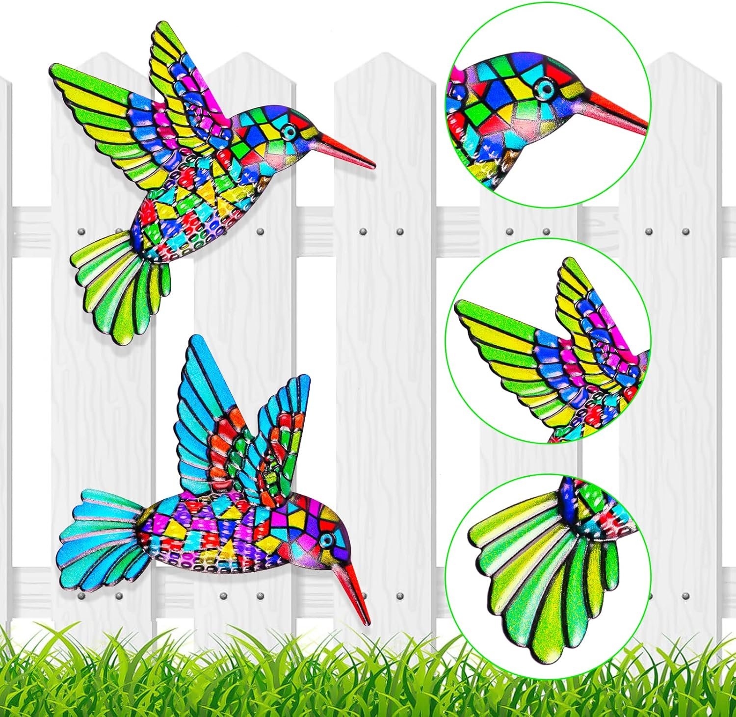 OFFCUP Metal Hummingbird Wall Decor, 2 Pack Metal Hummingbird Wall Art Decor, Wrought Iron Colorful Hummingbird Wall Sculptures, Outdoor Garden Fence Ornaments Hanging for Backyard Porch Patio - Image 2
