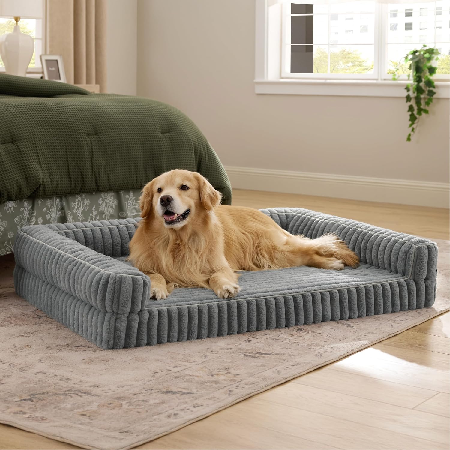 Bedsure Orthopedic Dog Beds Large - 122x89x20cm Waterproof Memory Foam Dog Sofa with Sides, Non-Slip Bottom and Egg-Crate Foam Large Pet Couch Sofa with Washable Removable Corduroy Cover, grey - Image 8