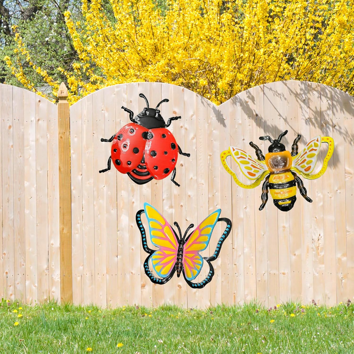Zyomiol 3 Pcs Garden Wall Art Decor Outdoor, 3D Rustproof Wrought Iron Colourful Wall Sculptures, Hanging Metal Butterfly Bee Ladybird Insect Decorations for Backyard Balcony Indoor Living Room - Image 2