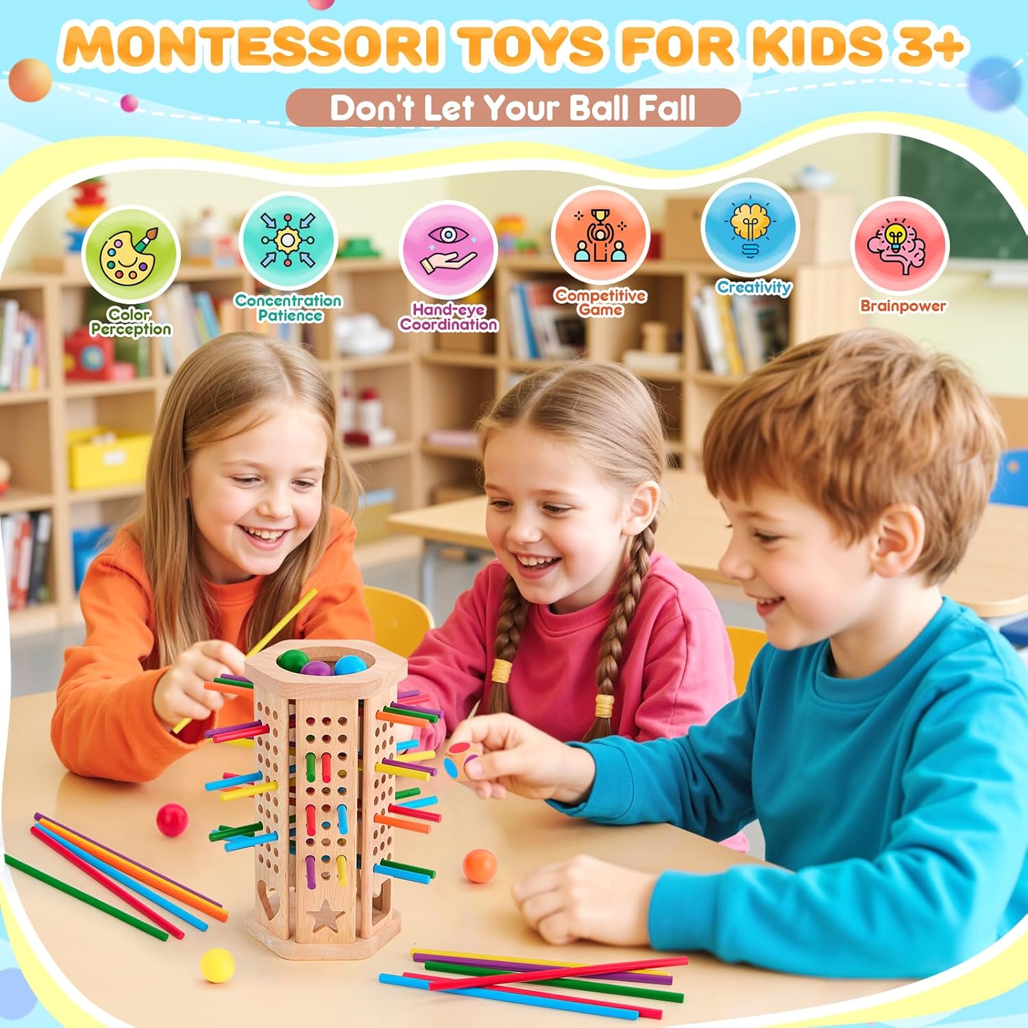 Montessori Toys Wooden Board Games Kids with 42 Colorful Wooden Sticks and Dice, Math Educational Toy Gifts for 3 4 5 6 Year Olds, Family Outdoor Travel Games Toy for Kids - Image 3