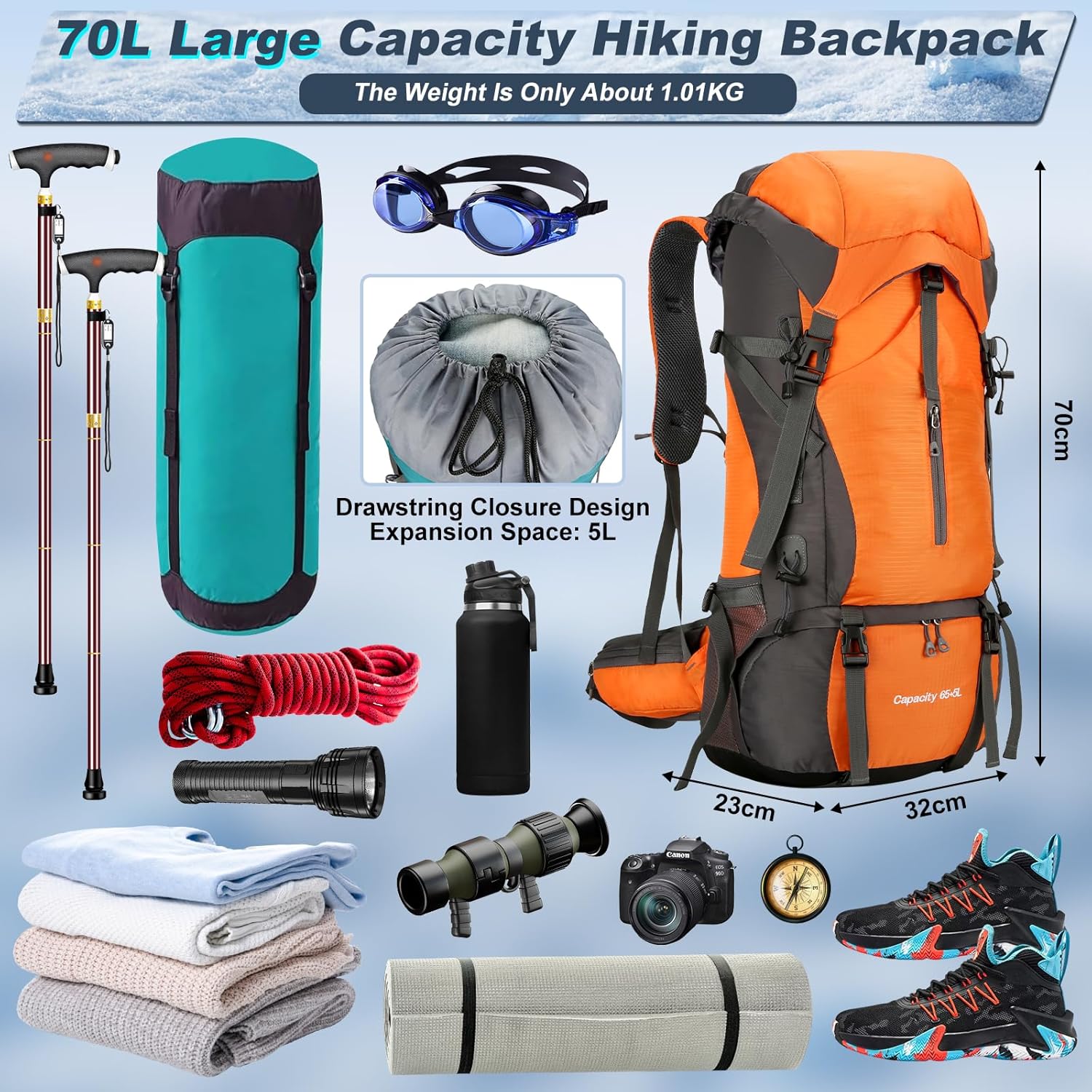 Durable 70L Hiking Camping Backpack with Waterproof Rain Cover, Lightweight Outdoor Sport Travel Daypack 65L+5L Rucksack for Climbing Touring Ultralight High-Capacity for Men and Women (Orange) - Image 2