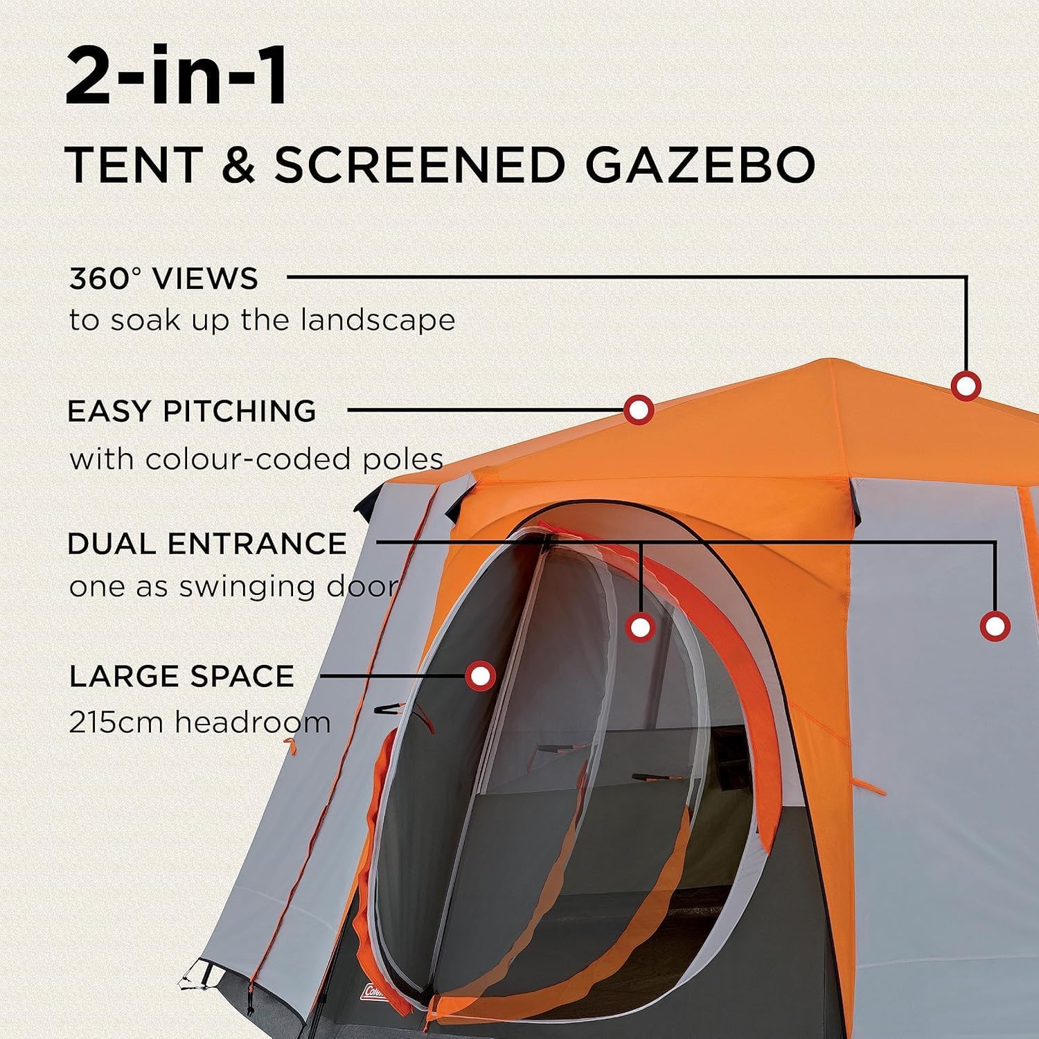 Coleman Tent Octagon, 6 Man Festival Dome Tent, 6 Person Family Camping Tent with 360° Panoramic View, Stable Steel Pole Construction, Sewn-in Groundsheet, 100 Percent Waterproof - Image 4