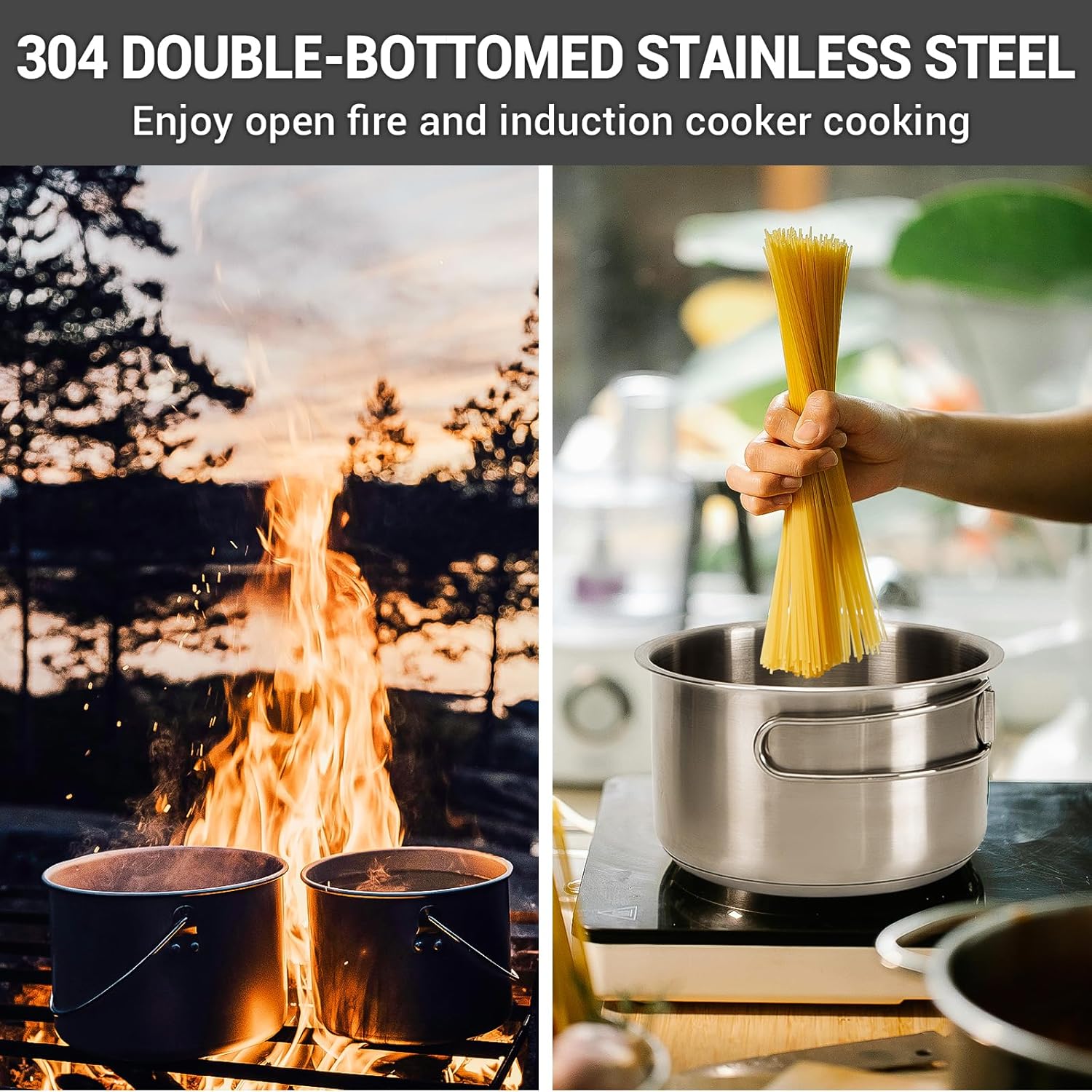 KingCamp Camping Cookware Set, 304 Stainless Steel Campfire Cooking Pots Pan and Kettle with Travel Tote Bag for Camping Outdoor Kitchen Cooking Picnic for 4-6 - Image 7