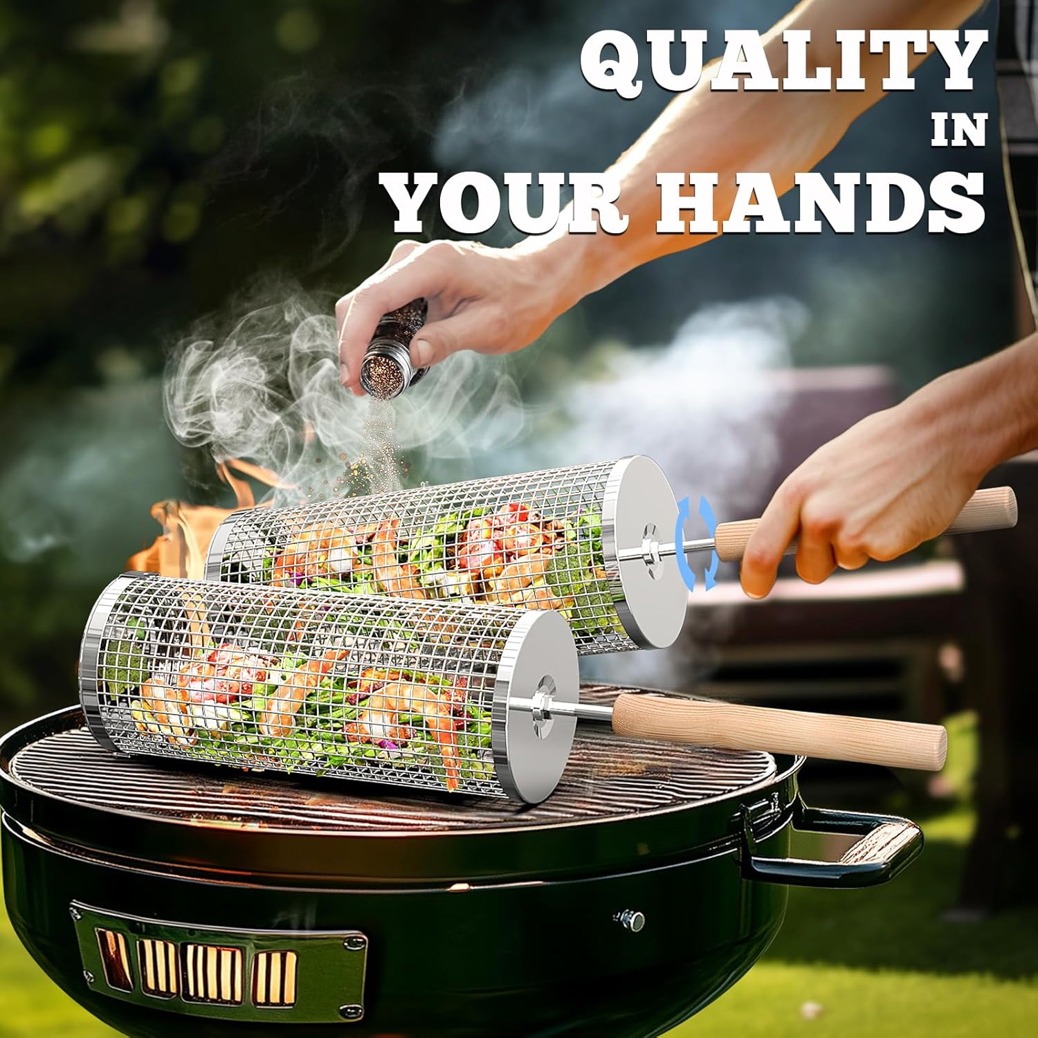 Rolling Grill Basket, Removable Wooden Handle, 304 Stainless Steel, Nesting Grilling Net, BBQ Accessories Tools for Vegetables Shrimp, Outdoor Cooking Camping, Birthday Gifts for Men Dad Husband - Image 3