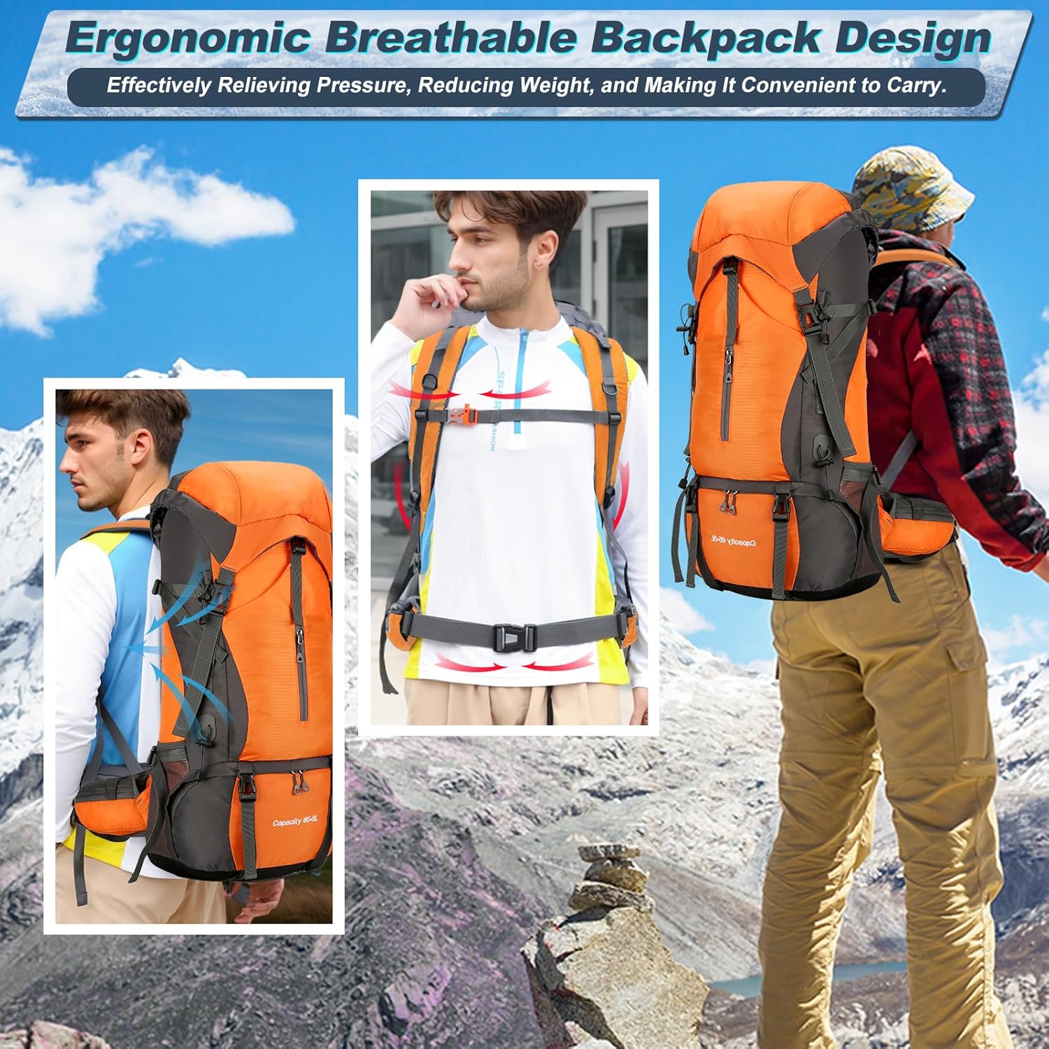 Durable 70L Hiking Camping Backpack with Waterproof Rain Cover, Lightweight Outdoor Sport Travel Daypack 65L+5L Rucksack for Climbing Touring Ultralight High-Capacity for Men and Women (Orange) - Image 6