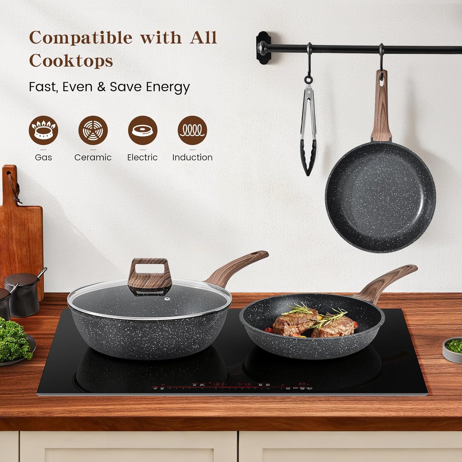 Induction Hob Pots and Pans Set - 13pcs Nonstick Cooking Pans Set, Black Granite Cookware Set with Lid, Non Stick Saucepan Set, Frying Pan Set, PFAS PTFE PFOA PFOS Free - Image 7