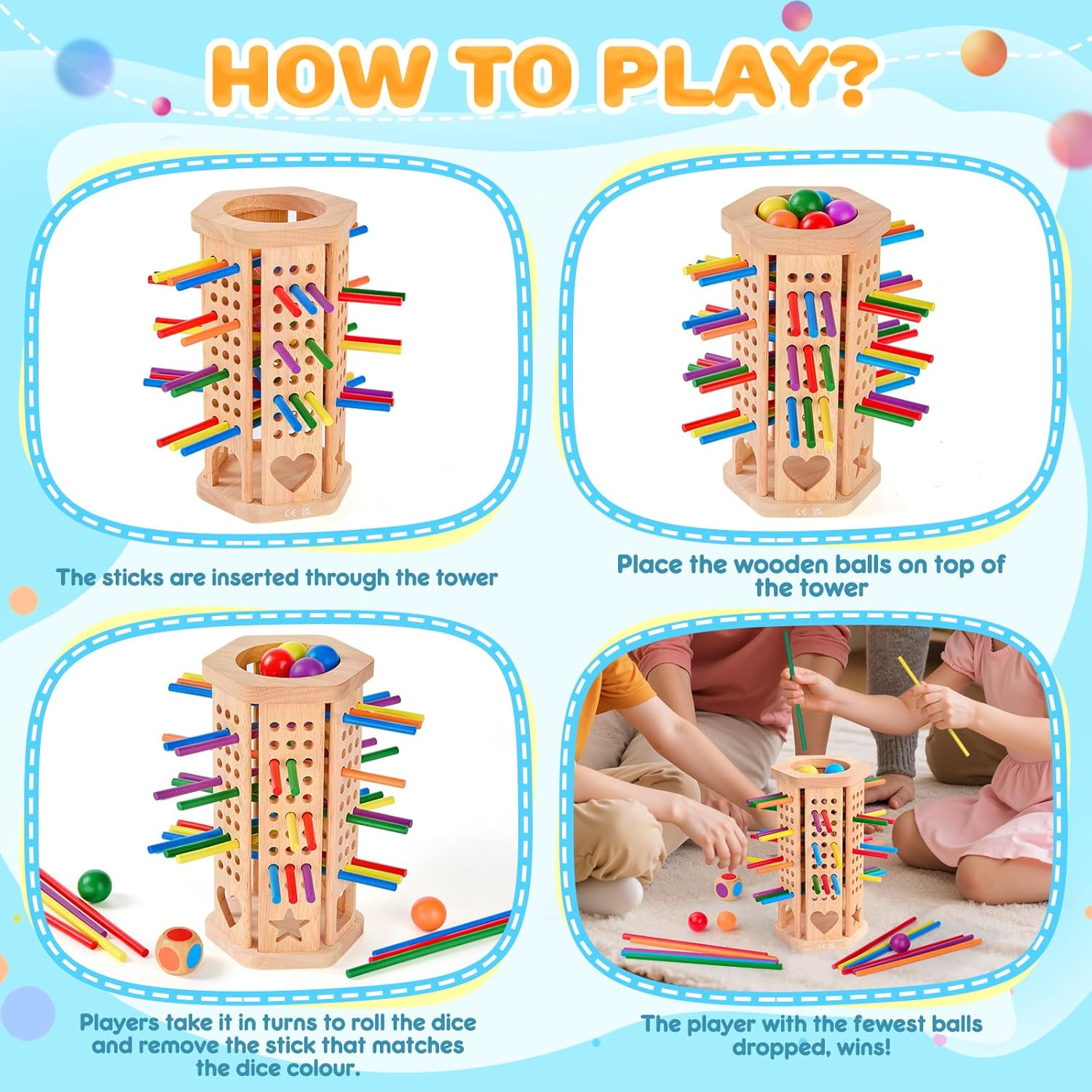 Montessori Toys Wooden Board Games Kids with 42 Colorful Wooden Sticks and Dice, Math Educational Toy Gifts for 3 4 5 6 Year Olds, Family Outdoor Travel Games Toy for Kids - Image 5