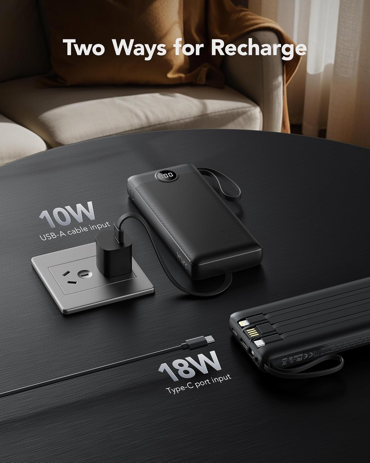 VRURC Portable Charger 20000mAh with Built in Fast Charging Cables,Power Bank PD 18W QC 3.0 Quick Charge USB C Battery Pack with 5 Outputs & 2 Inputs Compatible with Smart phones - Image 4