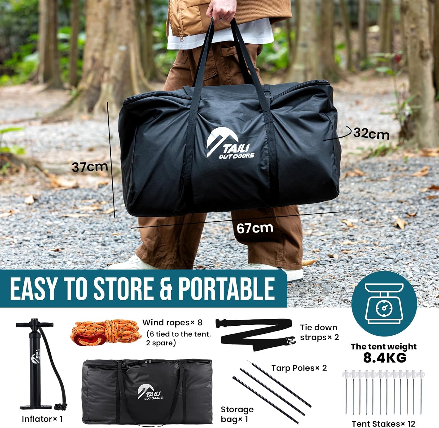 TAILI Inflatable Blow Up Tent for Camping with Hand Pump for 2/4/6/8 Person Easy Setup Outdoor Inflatable Oxford Waterproof Air Tent for Family Camping Adult - Image 5