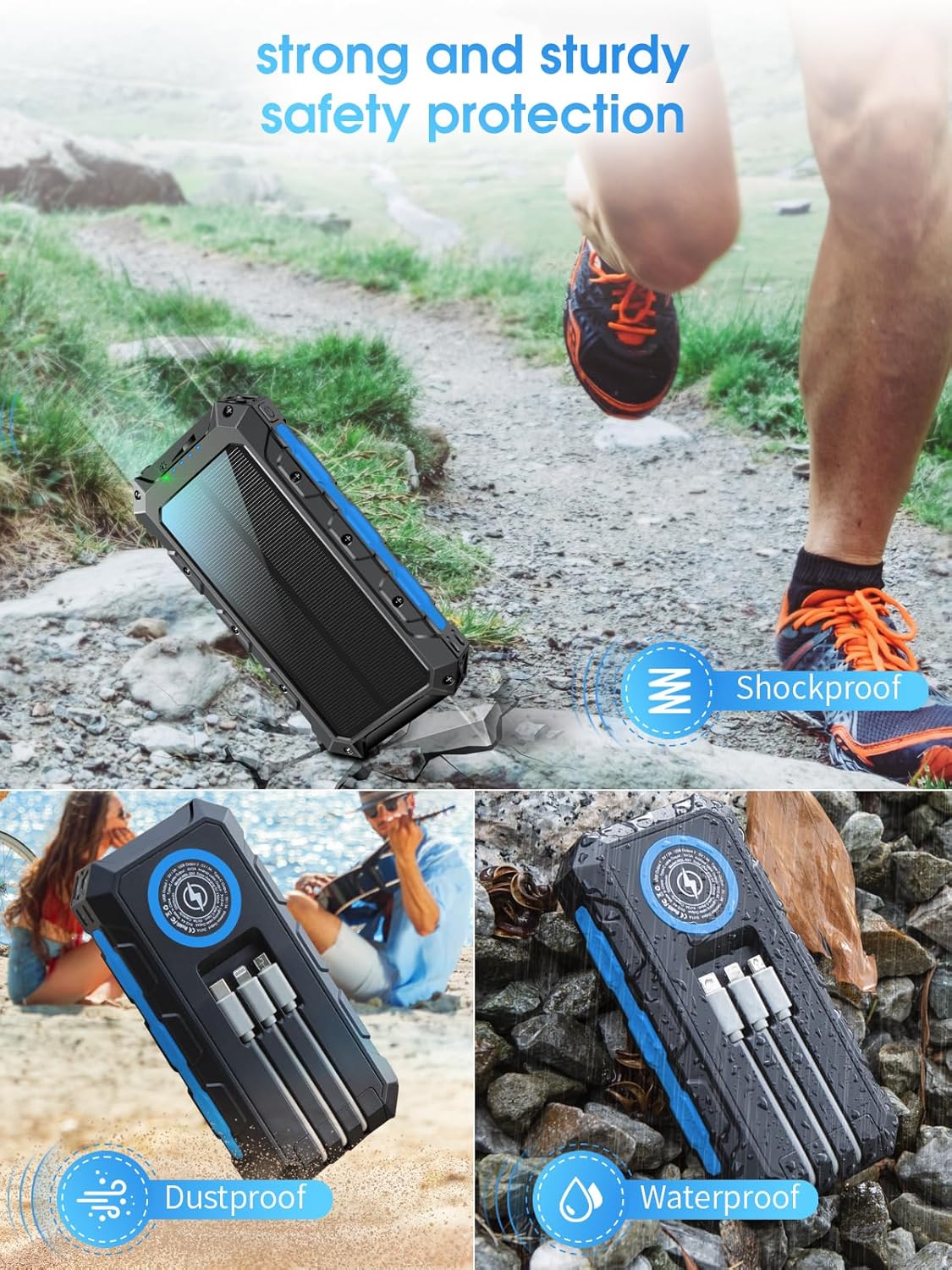 52800mAh Power Bank : Solar Charger, 30W PD Fast Charging, Wireless Charger, Battery Pack with 3 Built-in Cables, 7 Outputs, Flashlights, Portable Charger for Smartphone, Tablet (Blue) - Image 7