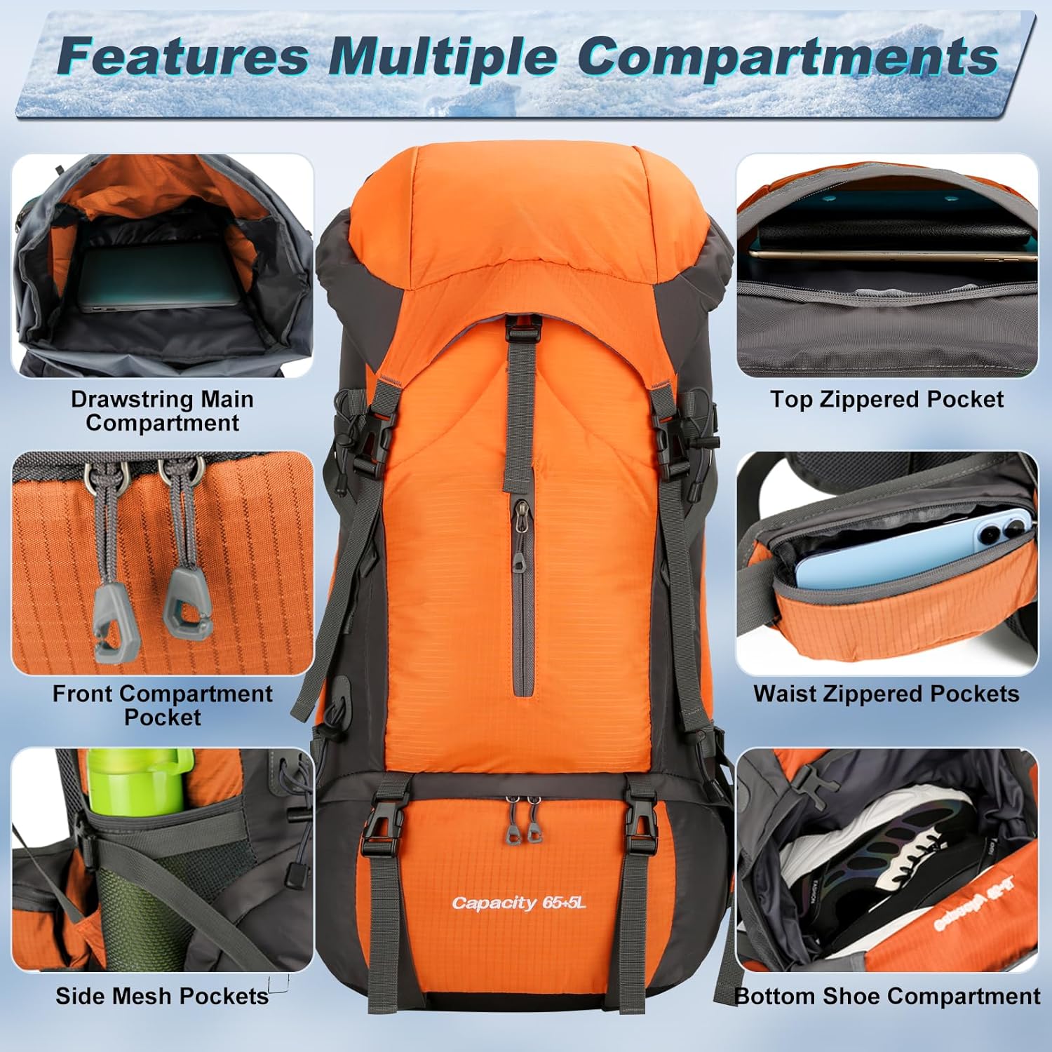 Durable 70L Hiking Camping Backpack with Waterproof Rain Cover, Lightweight Outdoor Sport Travel Daypack 65L+5L Rucksack for Climbing Touring Ultralight High-Capacity for Men and Women (Orange) - Image 4