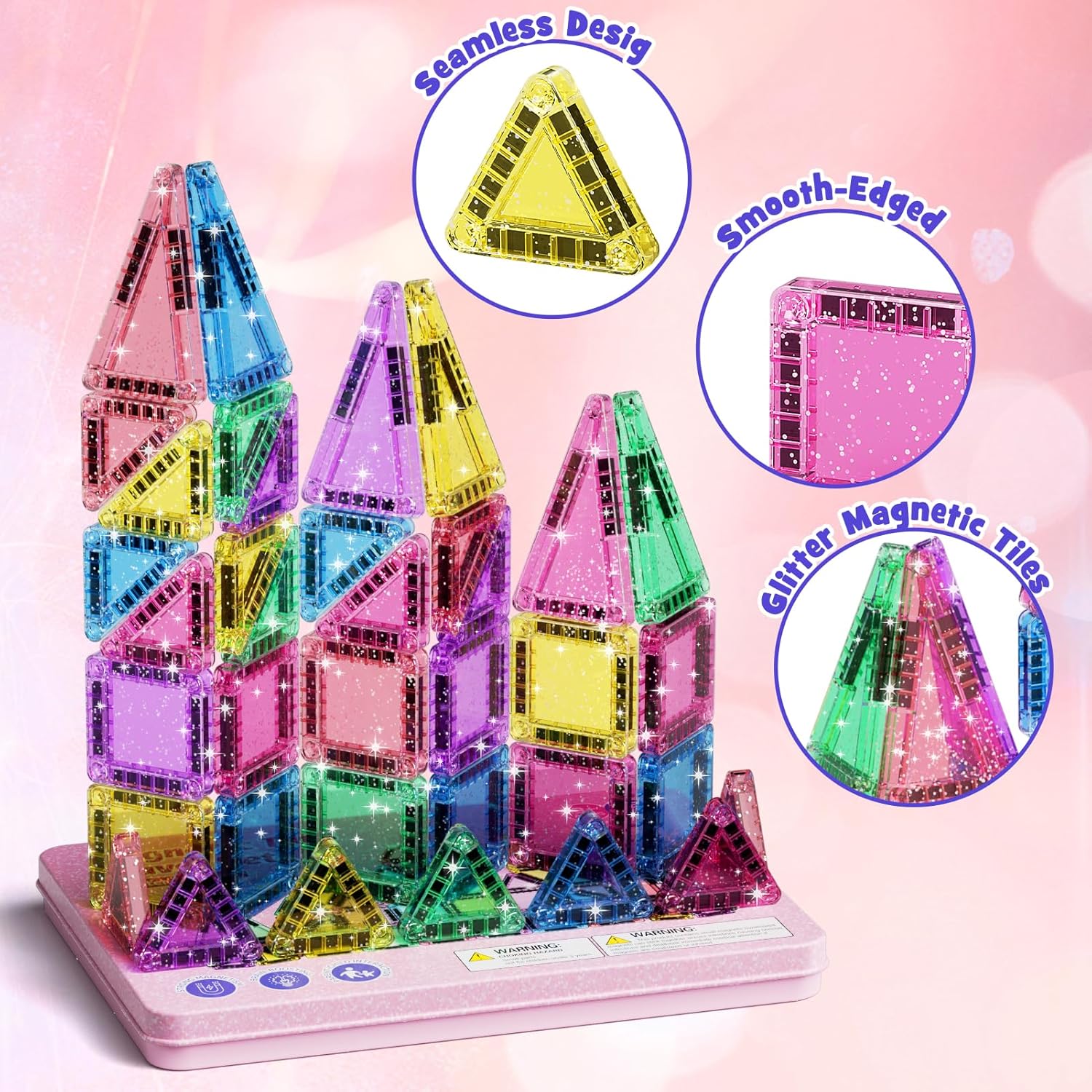 Travel Magnetic Tiles Glitter Construction Set 42pcs Travel Toys for Kids MINI Magnet Tiles with Iron Box Base, Magnetic Building Blocks Stem Toy Gift for 3+ Years Girl - Image 6