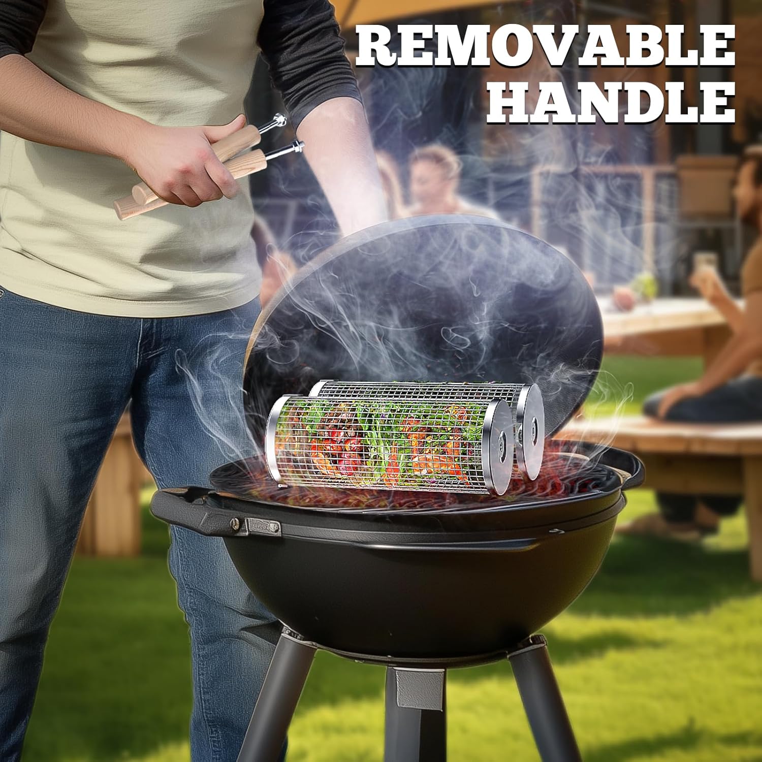 Rolling Grill Basket, Removable Wooden Handle, 304 Stainless Steel, Nesting Grilling Net, BBQ Accessories Tools for Vegetables Shrimp, Outdoor Cooking Camping, Birthday Gifts for Men Dad Husband - Image 5