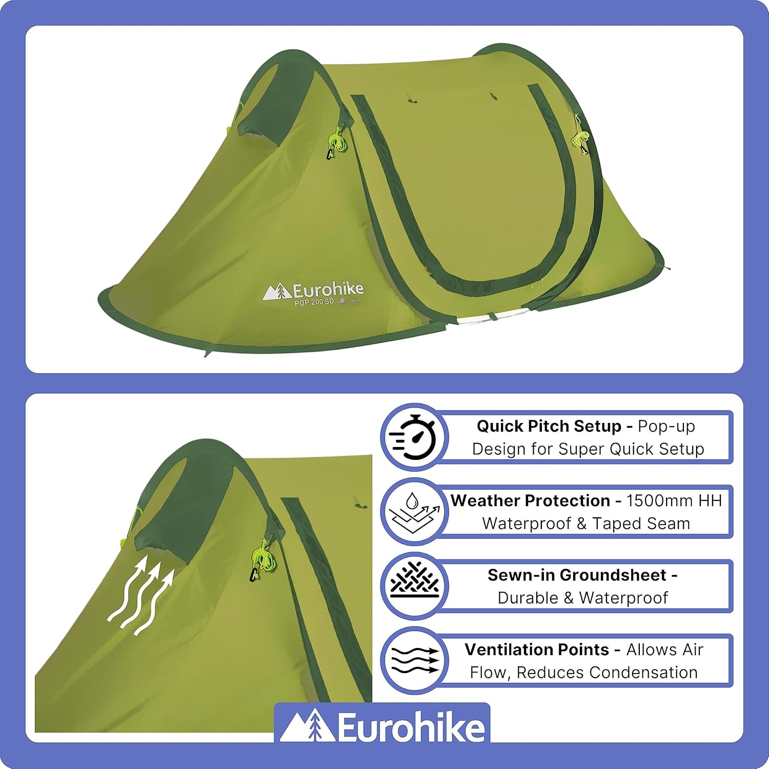 Eurohike Pop 200 Tent for 2 People with Sewn in Groundsheet, 2 Man, Easy to Pitch, Pop-Up Design, Lightweight, Compact, Ideal for Festivals, Weekend Trips, Hiking, Backpacking, 1500mm HH - Image 5