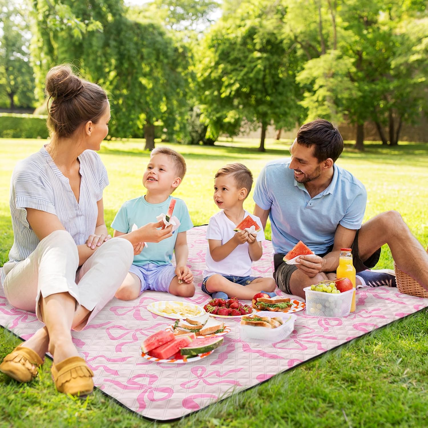 Pink Bow Picnic Blanket 80'' x 80'' Waterproof Extra Large Camping Blanket Coquette Picnic Mat Foldable Portable Preppy Outdoor Beach Mat with Carry Strap for Outdoor Grass Lawn Park - Image 4