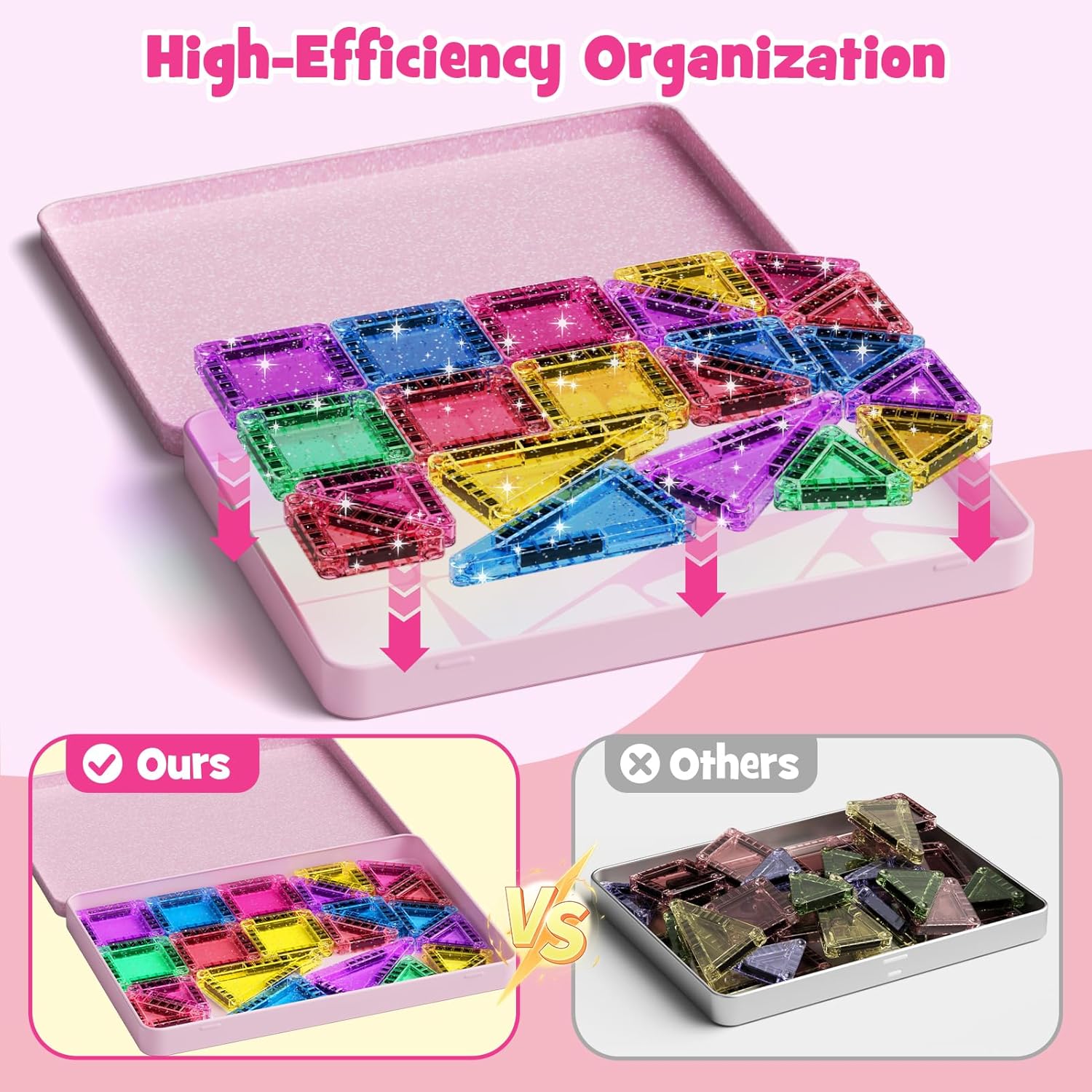 Travel Magnetic Tiles Glitter Construction Set 42pcs Travel Toys for Kids MINI Magnet Tiles with Iron Box Base, Magnetic Building Blocks Stem Toy Gift for 3+ Years Girl - Image 4