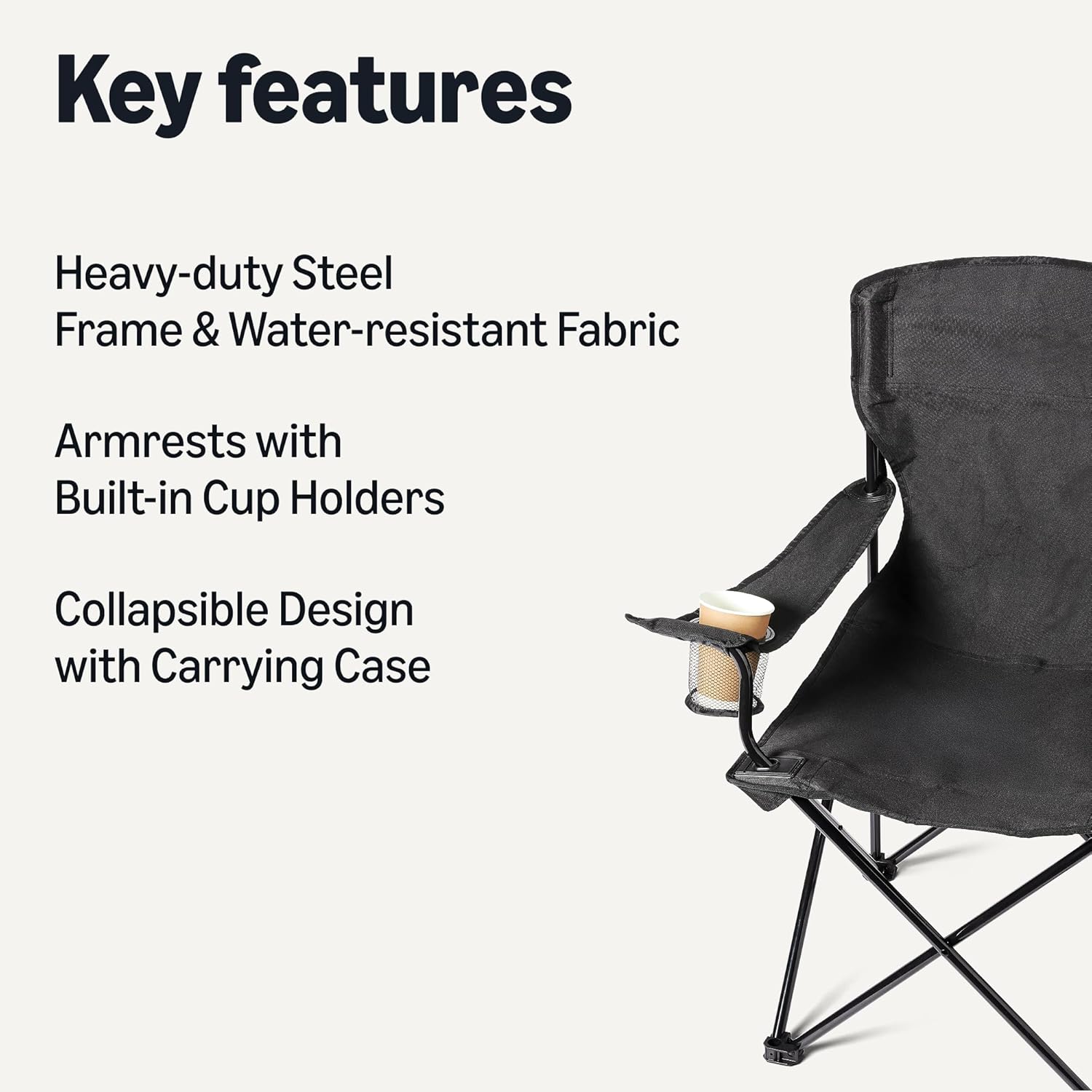 Amazon Basics Portable Folding Camping Chair with Cup Holder - Heavy-Duty Steel Frame Outdoor Chair - Water Resistant Construction Chair with Carry Bag - 50.8cm x 71.1cm x 91.4cm - Black - 2 Pack - Image 3