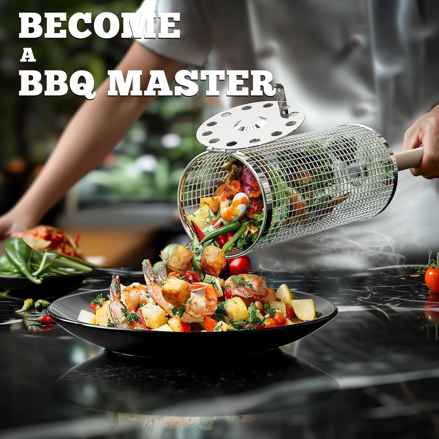 Rolling Grill Basket, Removable Wooden Handle, 304 Stainless Steel, Nesting Grilling Net, BBQ Accessories Tools for Vegetables Shrimp, Outdoor Cooking Camping, Birthday Gifts for Men Dad Husband - Image 4