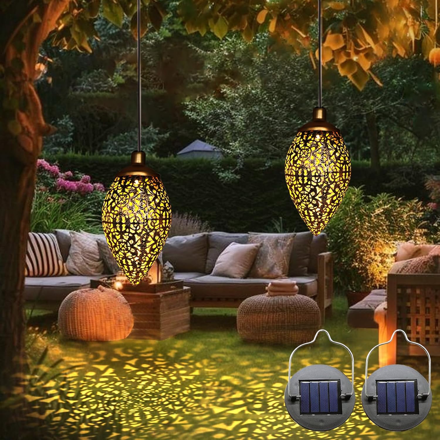 2 Pack Solar Lantern Lights, Vintage Hanging Solar Lights Outdoor Garden Lantern Waterproof Metal Lamp Garden Ornaments for Birthday Gifts Patio Backyard Porch Lawn Tree Pathway