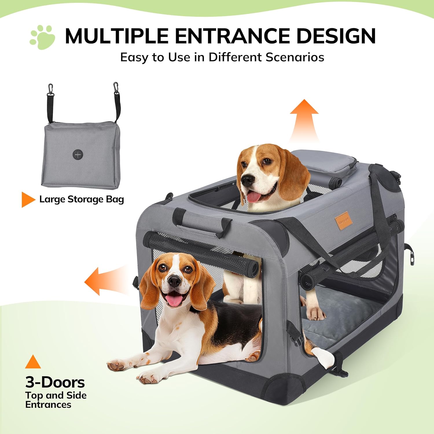 Morpilot Large Dog & Cat Carrier | Soft-Sided Pet Travel Crate, Foldable Dog Car Crate, with Collapsible Bowl, Shoulder Strap & Storage Pockets, M, Grey, (Max 12kg) - Image 6