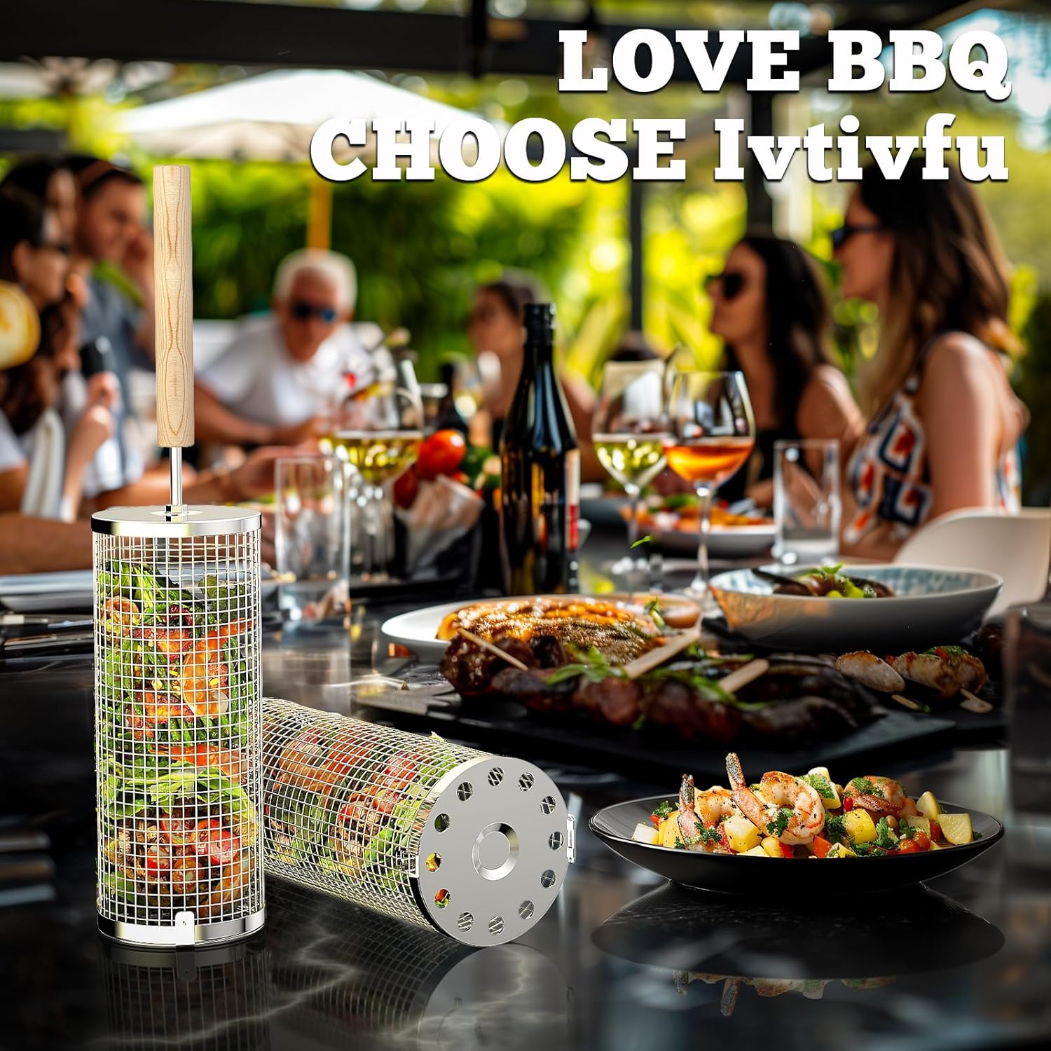 Rolling Grill Basket, Removable Wooden Handle, 304 Stainless Steel, Nesting Grilling Net, BBQ Accessories Tools for Vegetables Shrimp, Outdoor Cooking Camping, Birthday Gifts for Men Dad Husband - Image 6