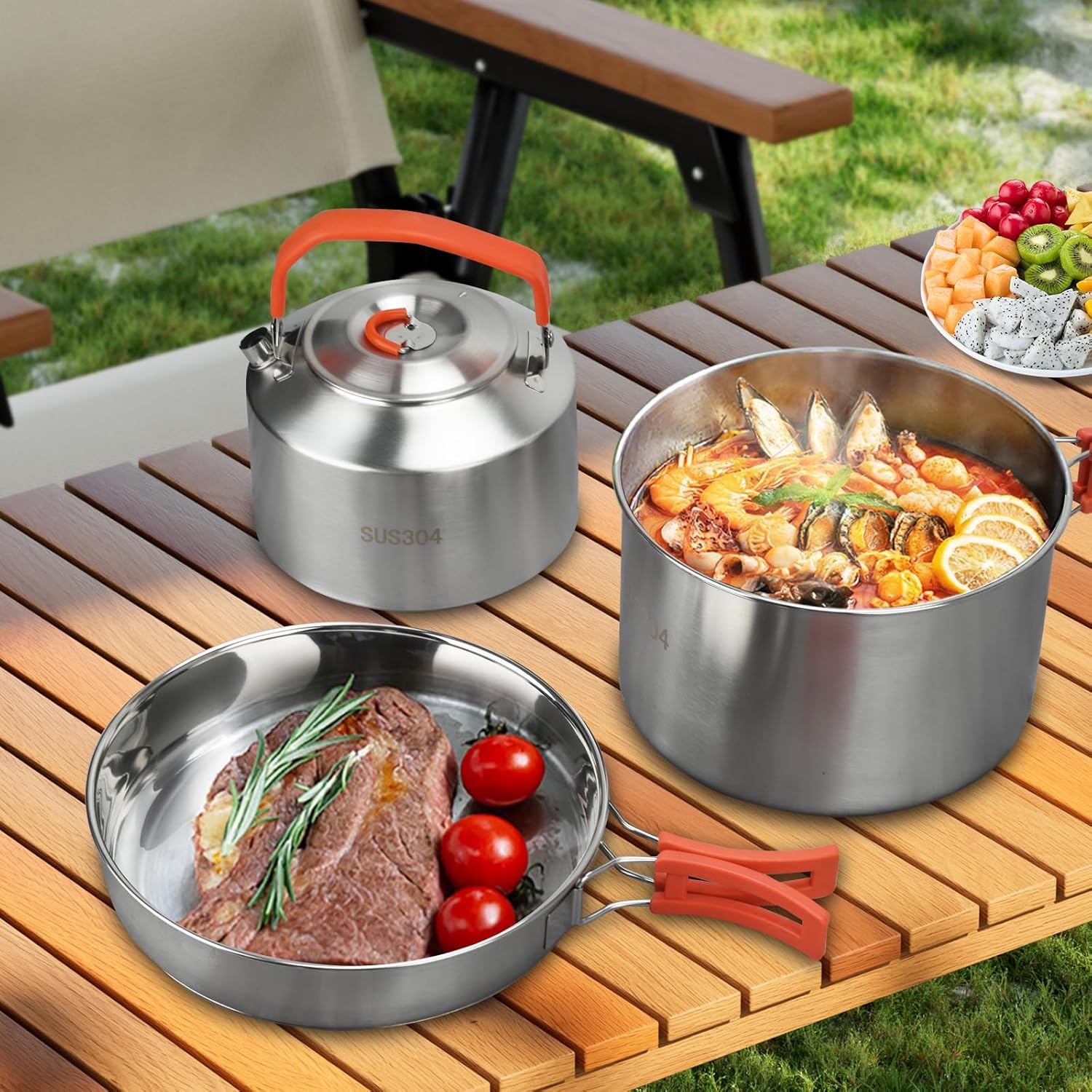 304 Stainless Steel Camping Cookware Set - Large Frying Pan, Pot & Kettle with Folding Handle, Lightweight Fast Boil Suitable Indoor & Outdoor Cooking for Fishing, Backpacking, Picnic 3-6 People - Image 7
