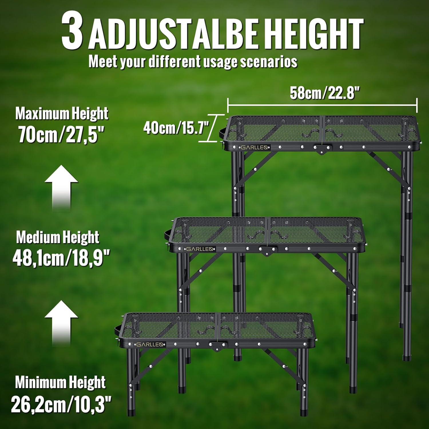 GARLLRN 2ft Folding Grill Table Max Height 70cm, 3-Height Adjustable Camping Table with Heat-Resistant Mesh Tabletop, Portable Aluminum Picnic Tables for BBQ, Camping, Outdoor, 22.8"L x 15.7"W - Image 3