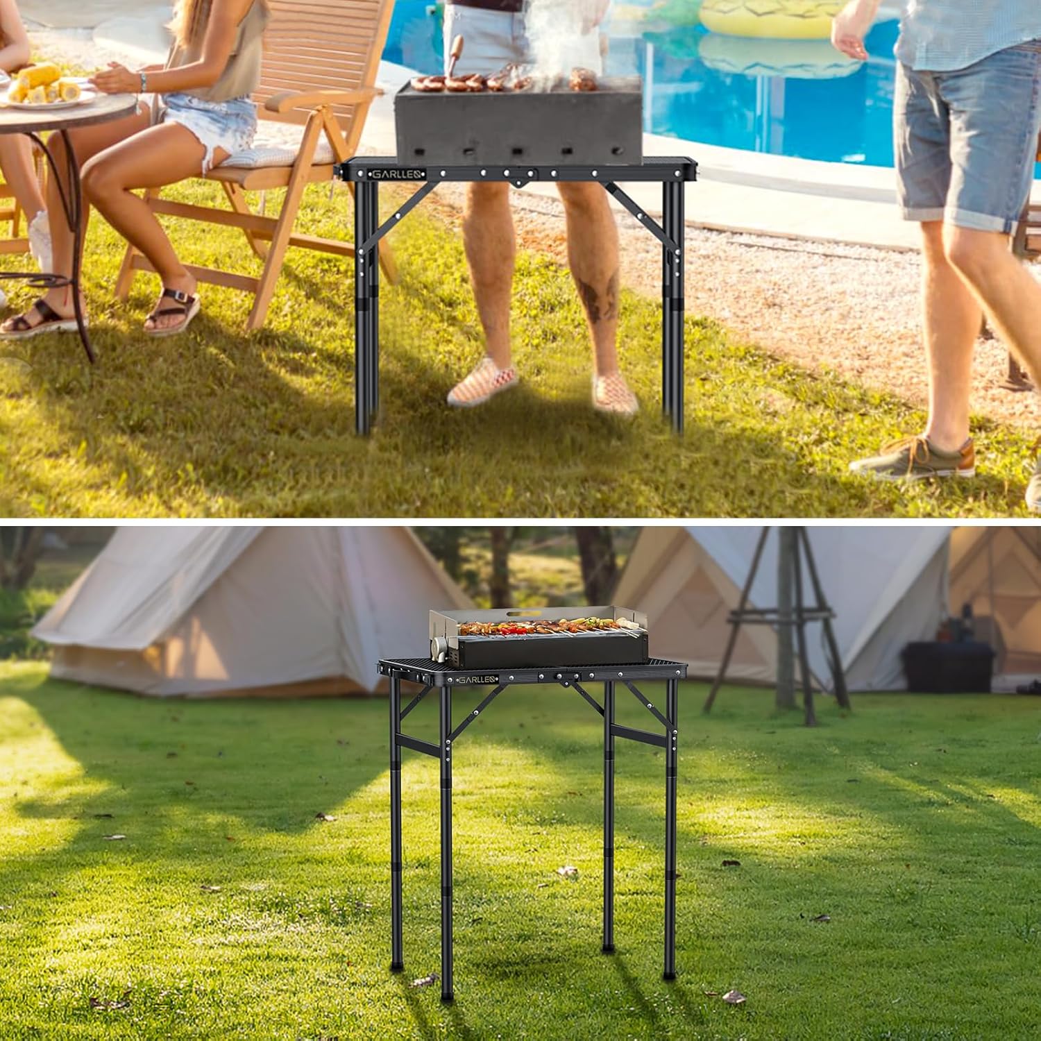 GARLLRN 2ft Folding Grill Table Max Height 70cm, 3-Height Adjustable Camping Table with Heat-Resistant Mesh Tabletop, Portable Aluminum Picnic Tables for BBQ, Camping, Outdoor, 22.8"L x 15.7"W - Image 2