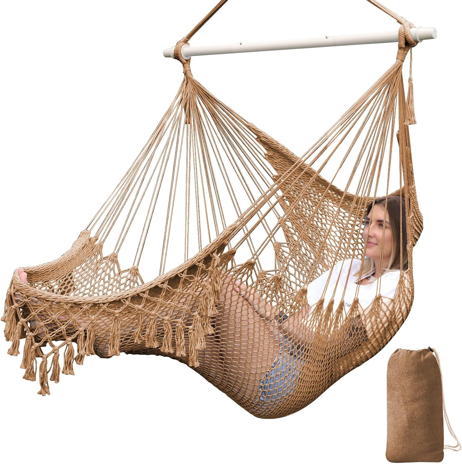 Chihee Super Large Hanging Hammock Chair, Soft-Spun Cotton Rope Weaving, Collapsible Strong Metal Spreader Bar, Wide Seat Lace Stretch Swing, Indoor/Outdoor Garden Yard Theme Decoration