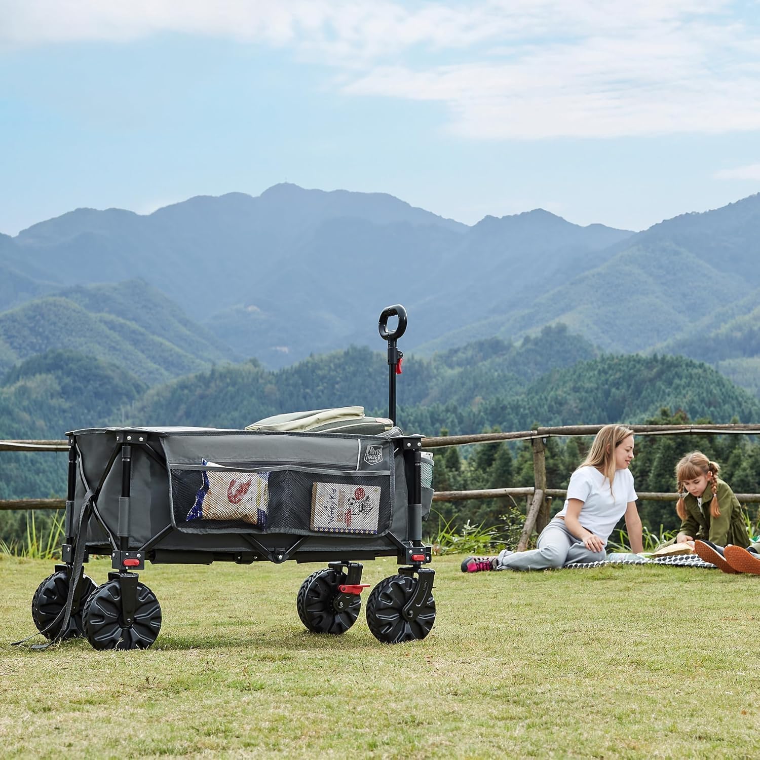 TIMBER RIDGE Festival Trolley on Wheels with Brakes, 200L Folding Camping Trolley Cart with Adjustable Handle & Cover Bag, 100kg Heavy Duty Cart Wagon for Shopping Outdoor Garden Picnic - Image 2