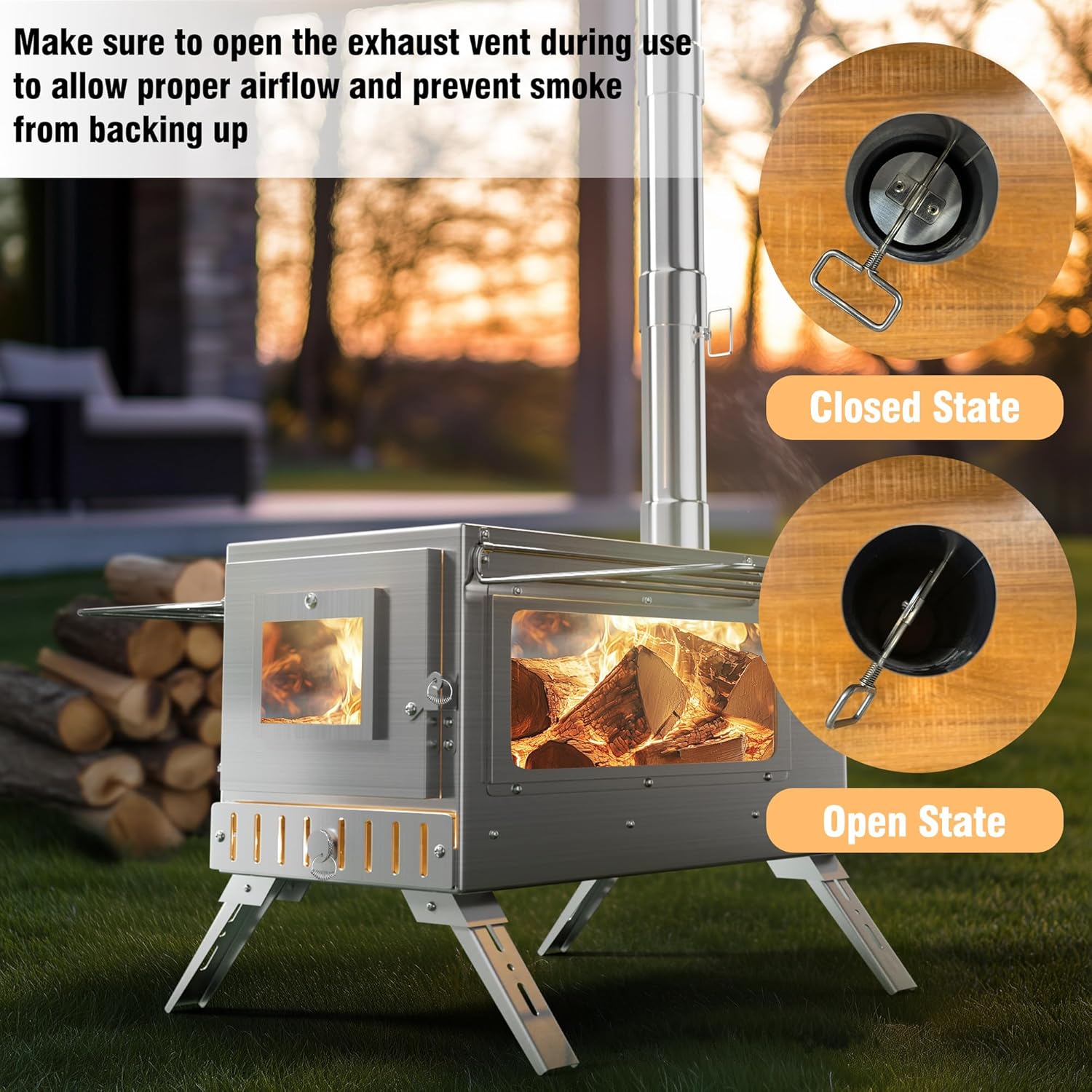 UNHO Camping Tent Stove: Portable Wood Burning Stove Stainless Steel Outdoor Cooking Heater Log Burner with 7 Chimney Pipes for Tent Shelter Garden Silver - Image 4