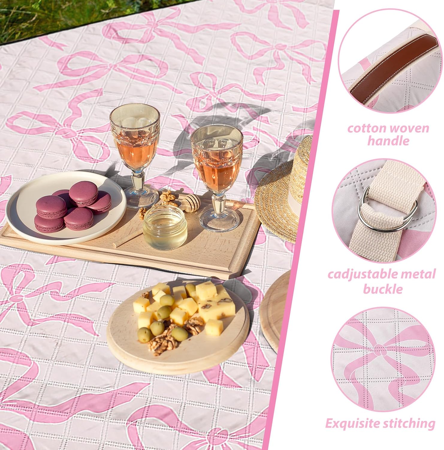 Pink Bow Picnic Blanket 80'' x 80'' Waterproof Extra Large Camping Blanket Coquette Picnic Mat Foldable Portable Preppy Outdoor Beach Mat with Carry Strap for Outdoor Grass Lawn Park - Image 6
