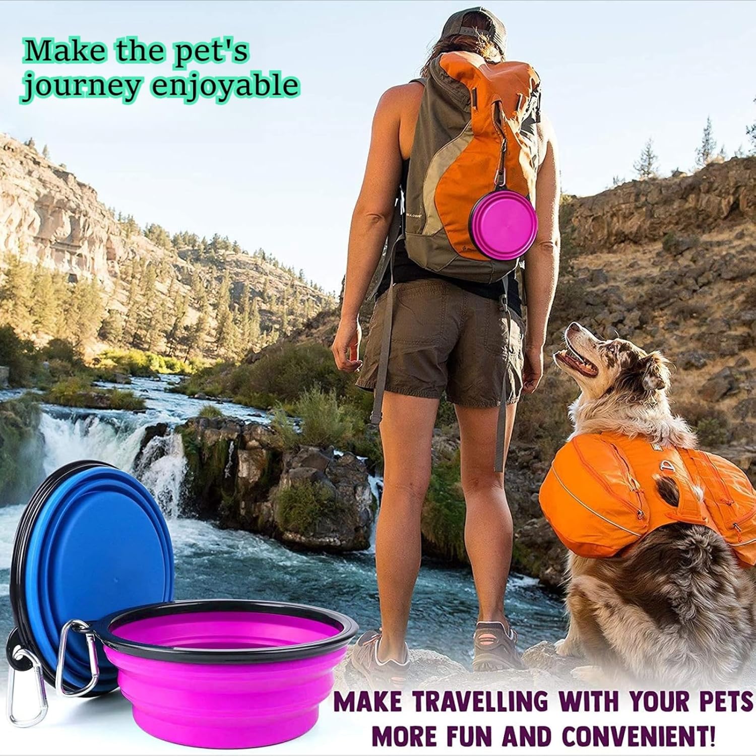 2 Pack Collapsible Pet Travel Bowls Set, Portable Silicone Water & Food Feeder with Carabiner for Dogs and Cats, 350ml Space Saving Folding Bowl (Blue+Orange) - Image 4