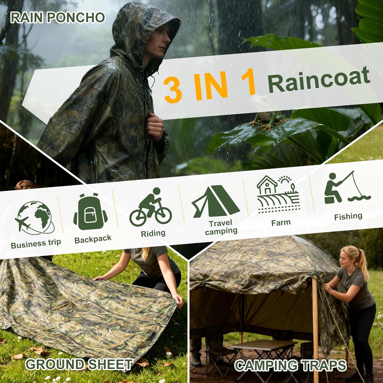 Waterproof Rain Cape Raincoat, Infreecs Rain Poncho for outdoor Camping Military cycling traveling, Hooded Rainwear with Emergency Grommet Corners for Shelter Use - Image 5