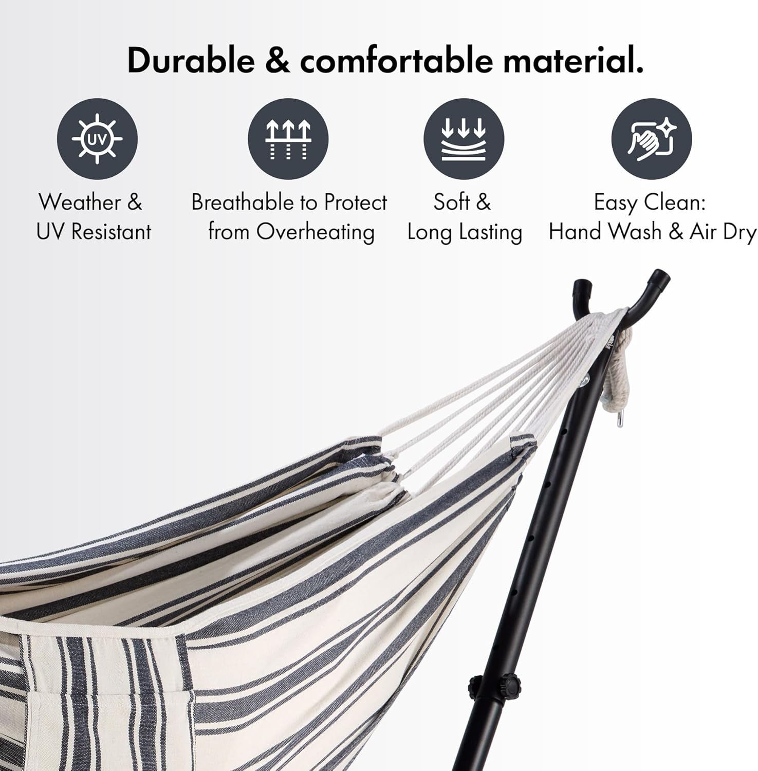 VonHaus Garden Hammock - 2 Person Striped Hammock with Rope Attachments & Storage Bag - Polycotton Portable Double with Travel Bag for Beach, Camping & Outdoors - Blue & White Stripe - Image 6
