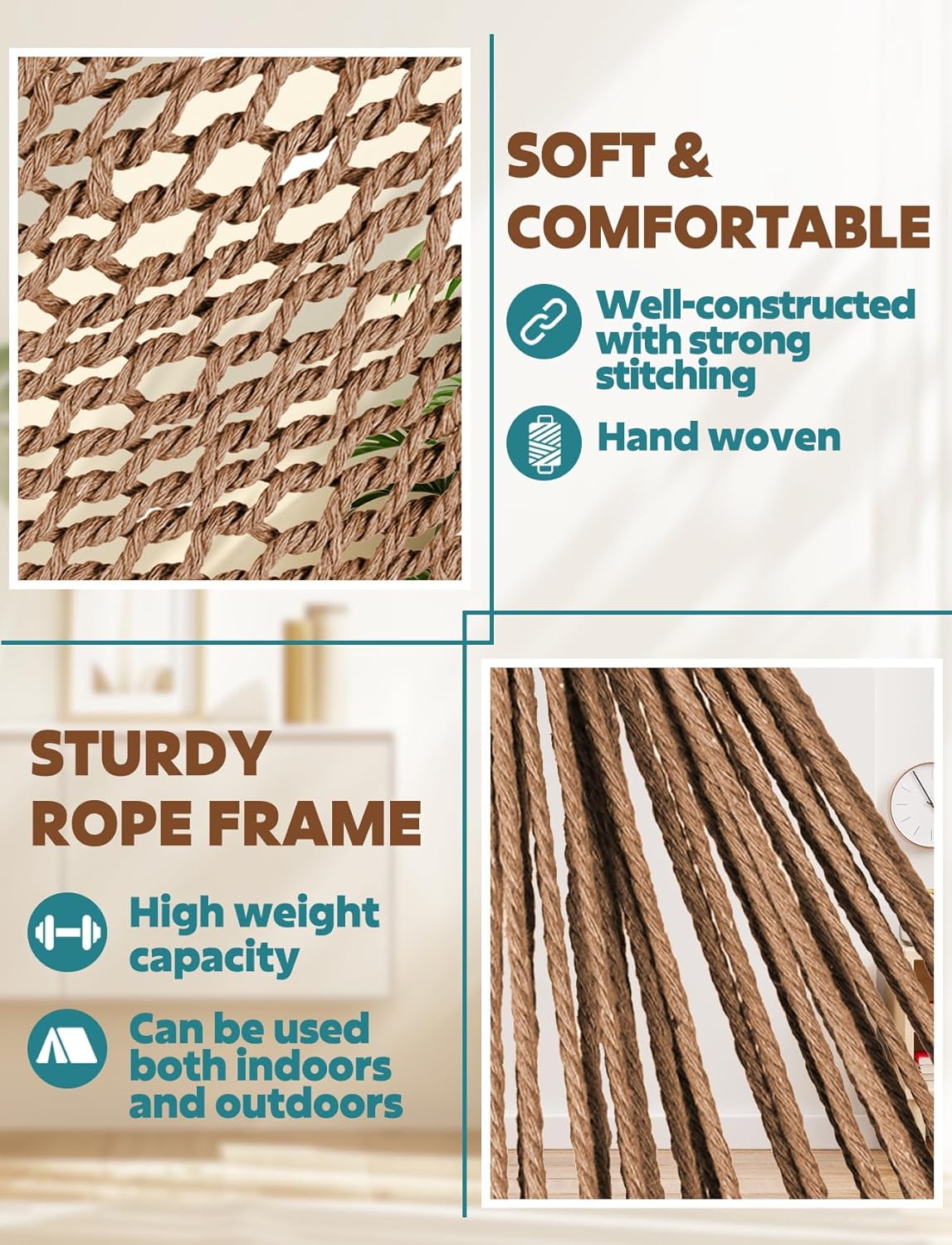 Chihee Super Large Hanging Hammock Chair, Soft-Spun Cotton Rope Weaving, Collapsible Strong Metal Spreader Bar, Wide Seat Lace Stretch Swing, Indoor/Outdoor Garden Yard Theme Decoration - Image 3