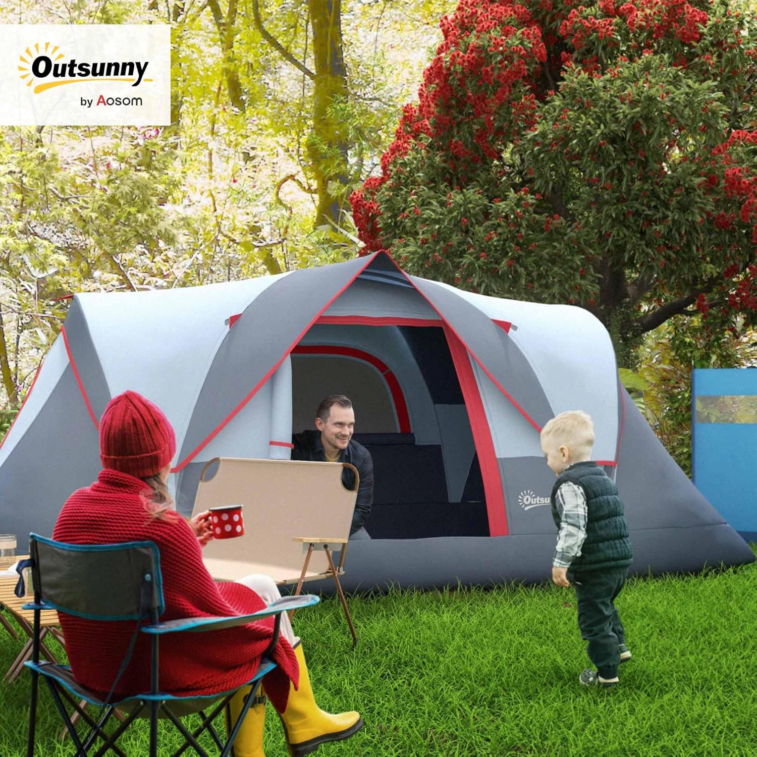 Outsunny 5-6 Man Camping Tent Tunnel Tent UV Protection 3000mm Water Resistant Hiking Shelter with Groundsheet and Carry Bag - Image 2