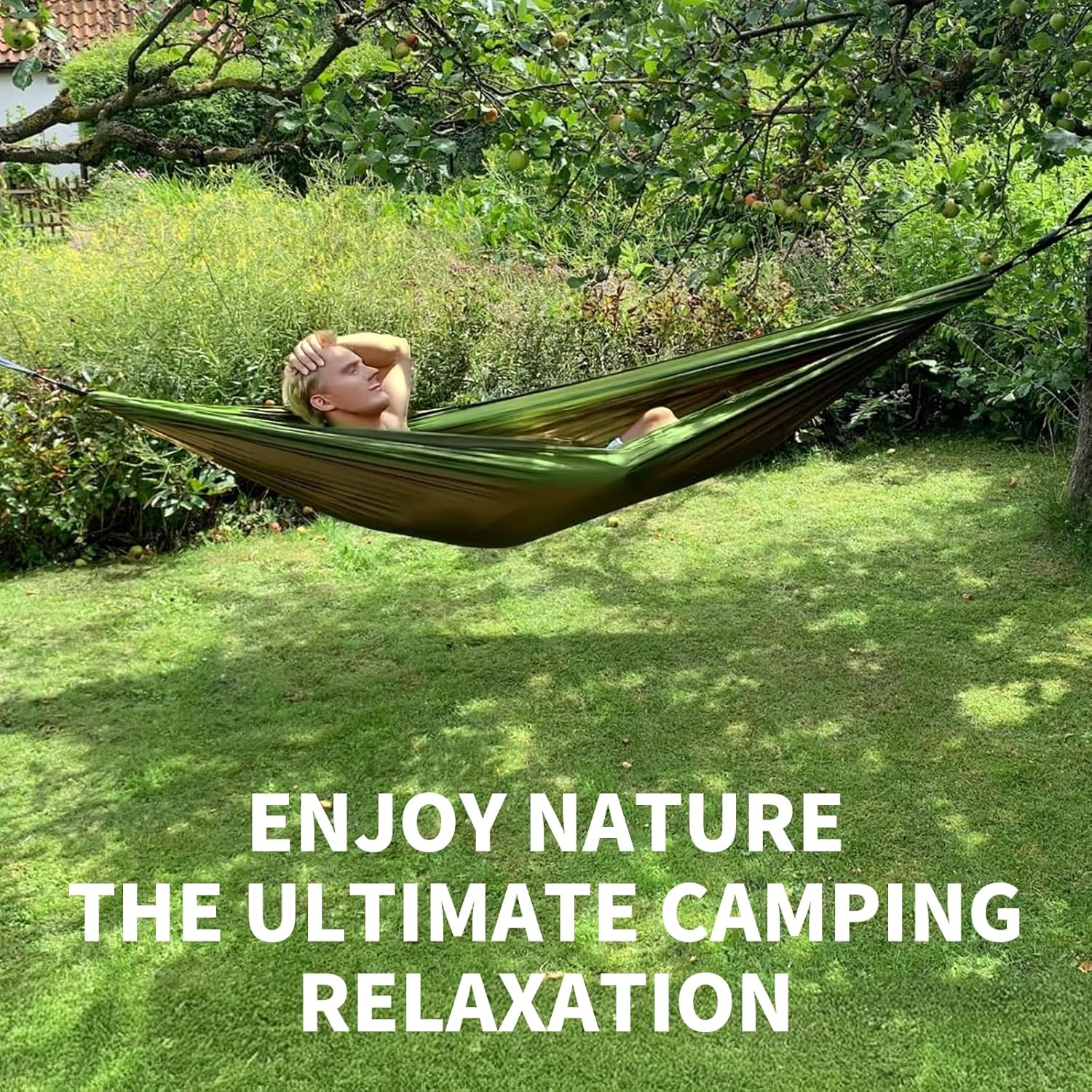 Camping Hammock – Ultra-Light Portable Hammock with 300kg Load Capacity, Parachute Nylon Garden Hammocks for Outdoor & Indoor, Includes 2 Carabiners & 2 Nylon Slings, Compact Travel Hammocks, Green - Image 6