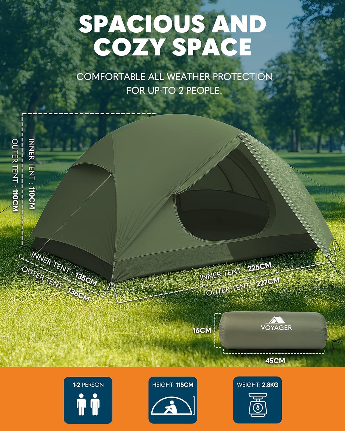 Voyager 2 Man Tent - Waterproof, Windproof, Quick Setup, Spacious 2-Person Camping Tent, Durable, Lightweight Outdoor Shelter, Ideal for Hiking, Backpacking, Camping- 225x135x110cm - Image 2