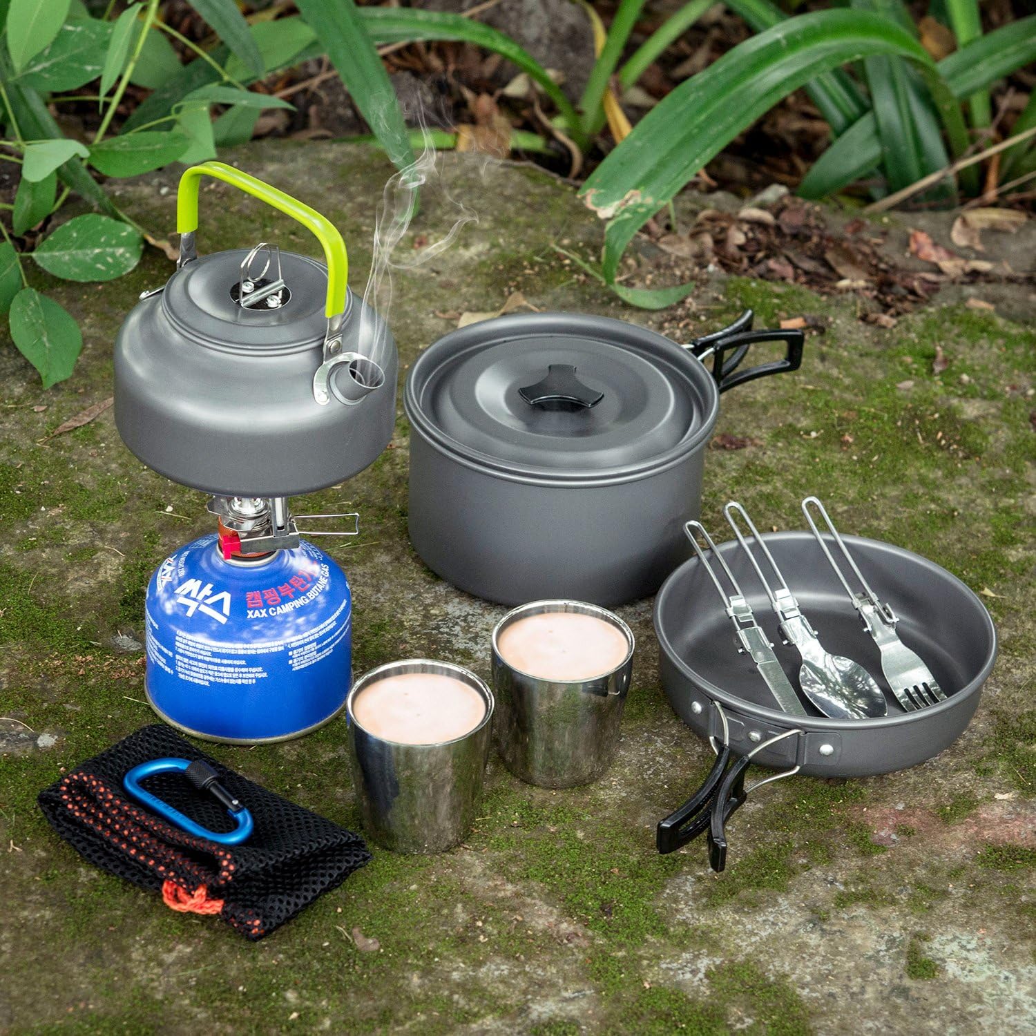Odoland Camping Cooker Pan Set Aluminum Camping Cookware Kit for 2 People, Portable Outdoor Pot Pan Stove Kettle 2 Cups and Tableware - Backpacking Cookware for Picnic Trekking and Hiking - Image 6