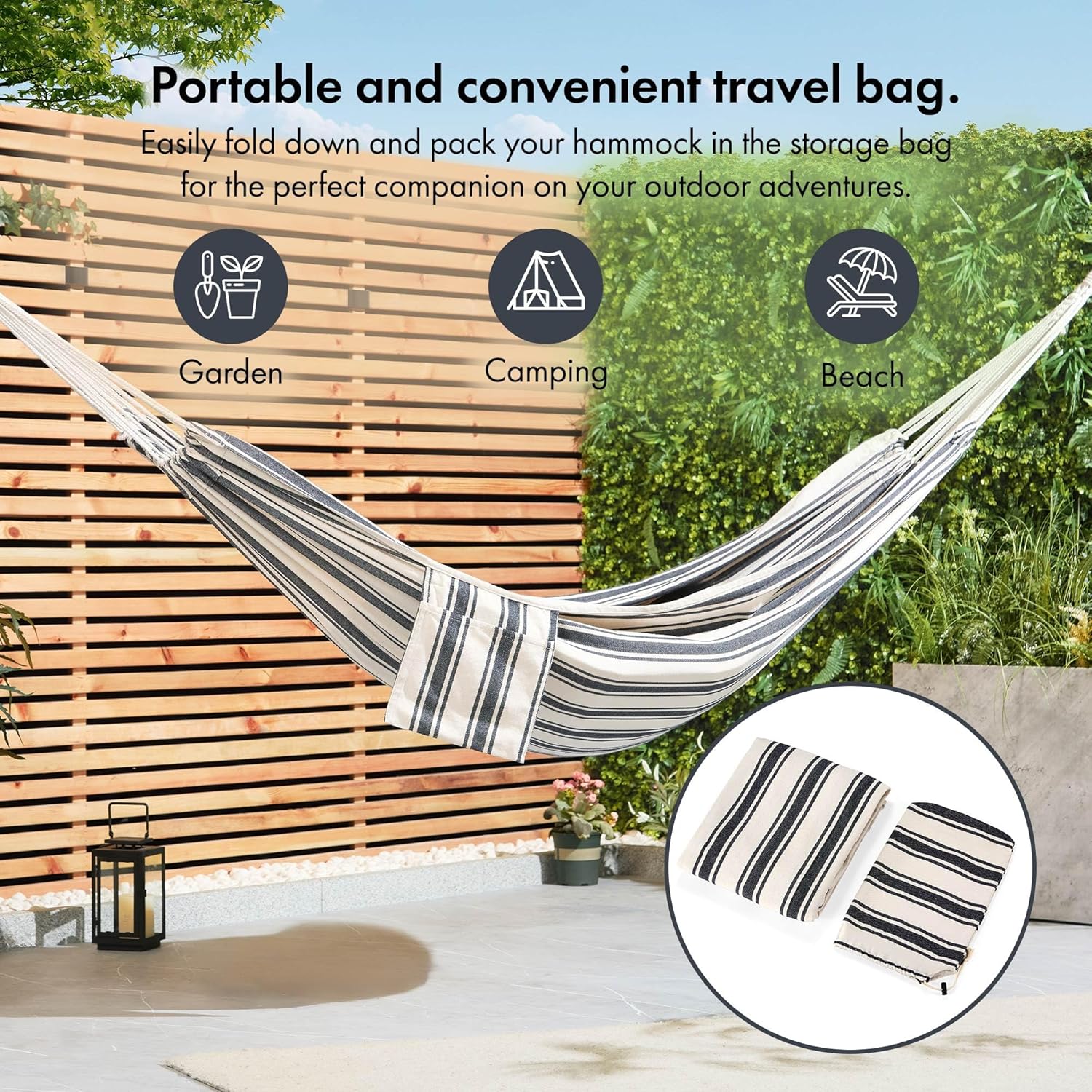 VonHaus Garden Hammock - 2 Person Striped Hammock with Rope Attachments & Storage Bag - Polycotton Portable Double with Travel Bag for Beach, Camping & Outdoors - Blue & White Stripe - Image 3