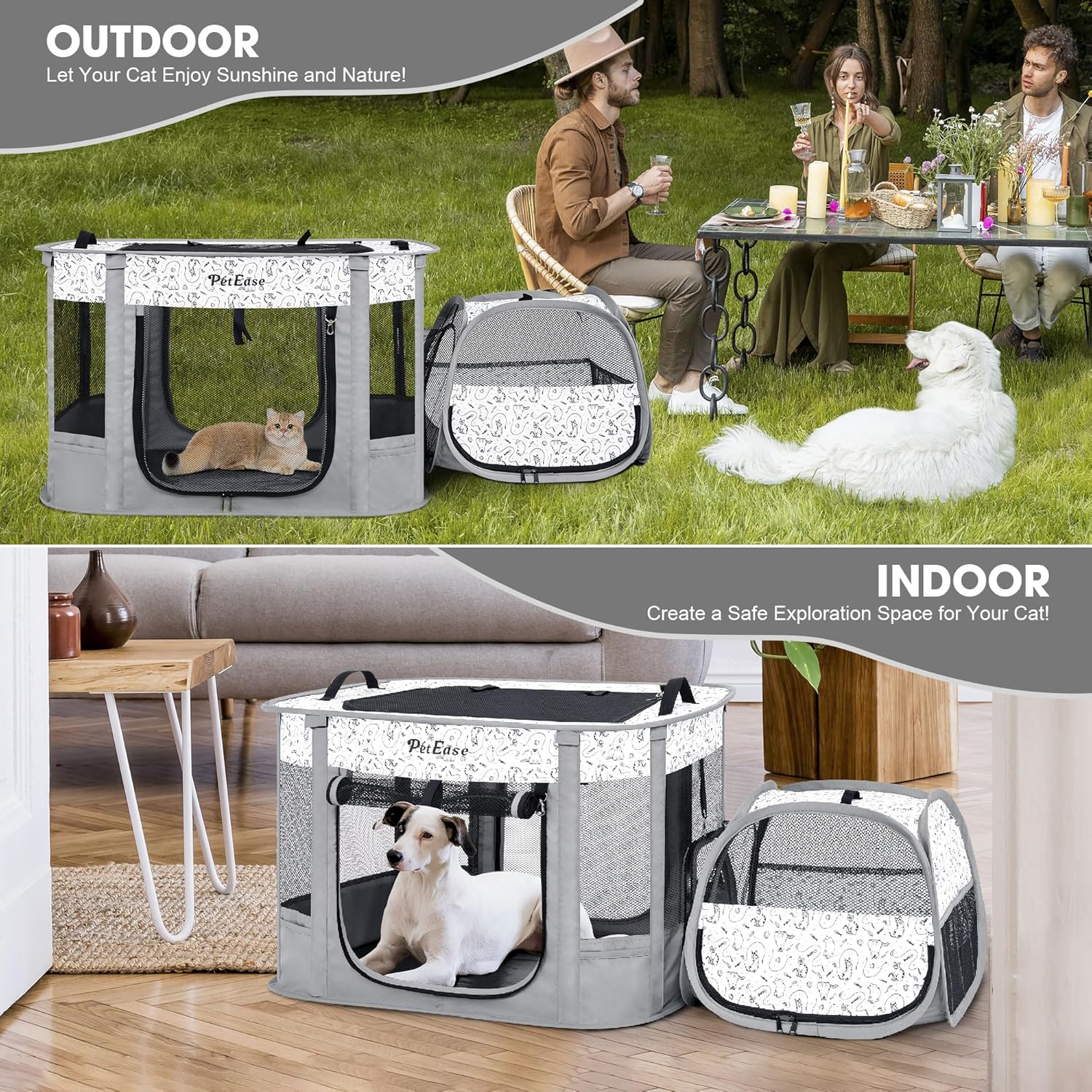 Portable Cat Playpen 2-in-1 Dog Crete, Foldable Pet Cage with Litter Box for Rabbit Puppy Hamster, Indoor/Outdoor Cats Enclosure Cages Tent - Image 8