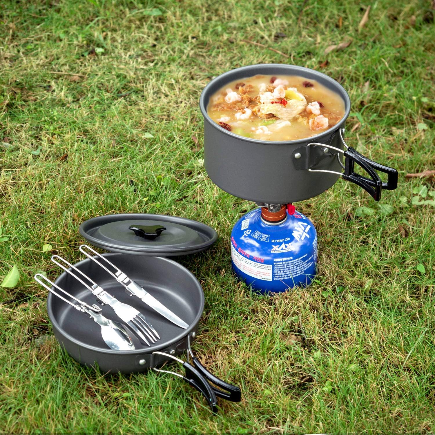Odoland Camping Cooker Pan Set Aluminum Camping Cookware Kit for 2 People, Portable Outdoor Pot Pan Stove Kettle 2 Cups and Tableware - Backpacking Cookware for Picnic Trekking and Hiking - Image 9