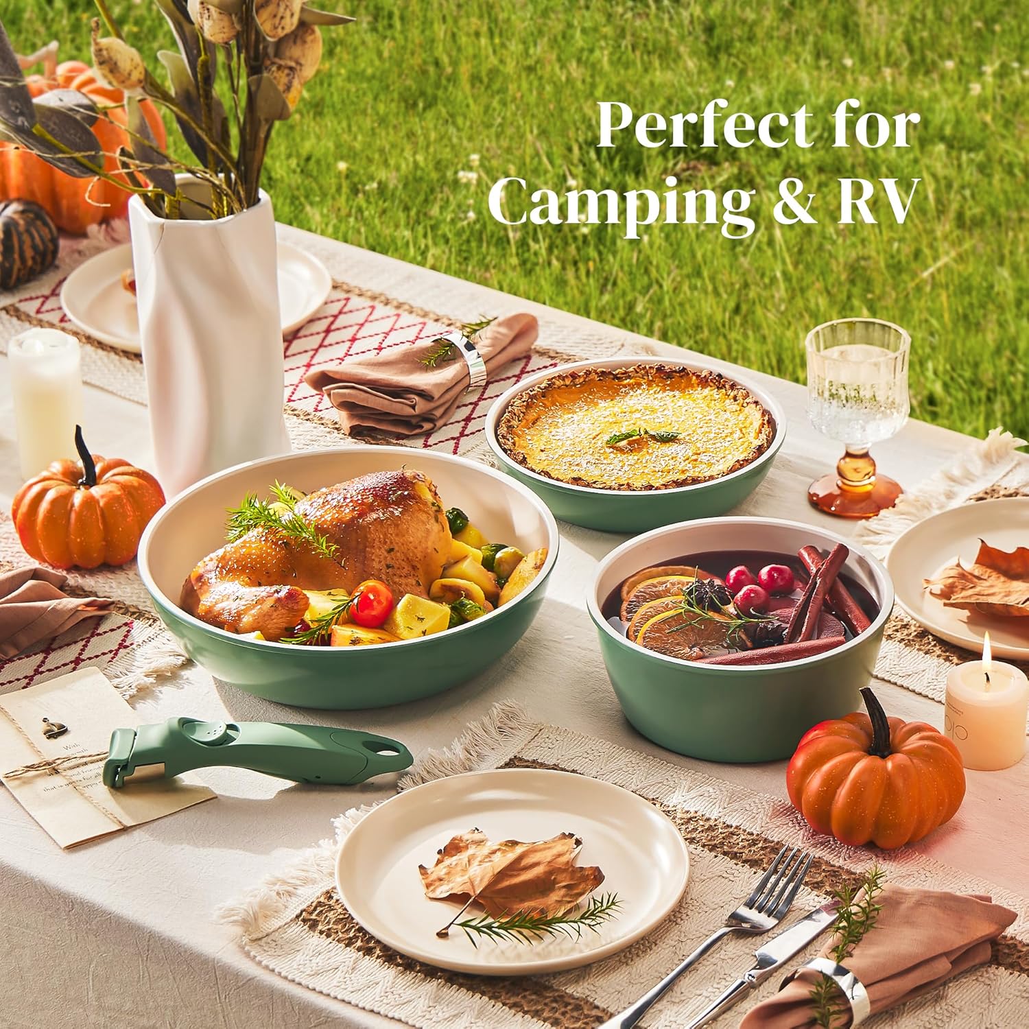 Redchef 16pcs Ceramic Pots and Pans Set Non Stick, Nonstick Cookware Set with Detachable Handle, PFAS PFOA & PTFE Free, RV Ceramic Cookware Set for Camping, Oven Safe (Green) - Image 4