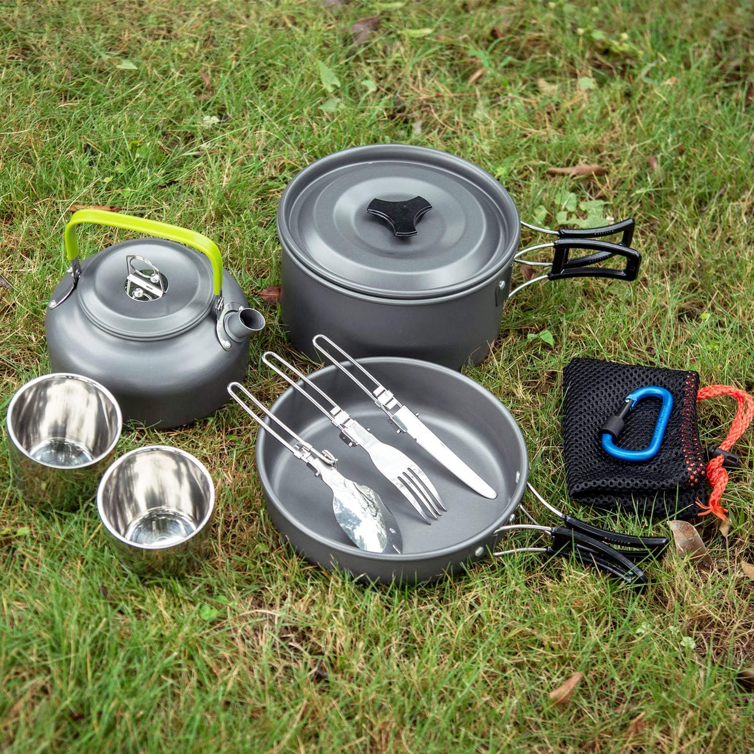 Odoland Camping Cooker Pan Set Aluminum Camping Cookware Kit for 2 People, Portable Outdoor Pot Pan Stove Kettle 2 Cups and Tableware - Backpacking Cookware for Picnic Trekking and Hiking - Image 5
